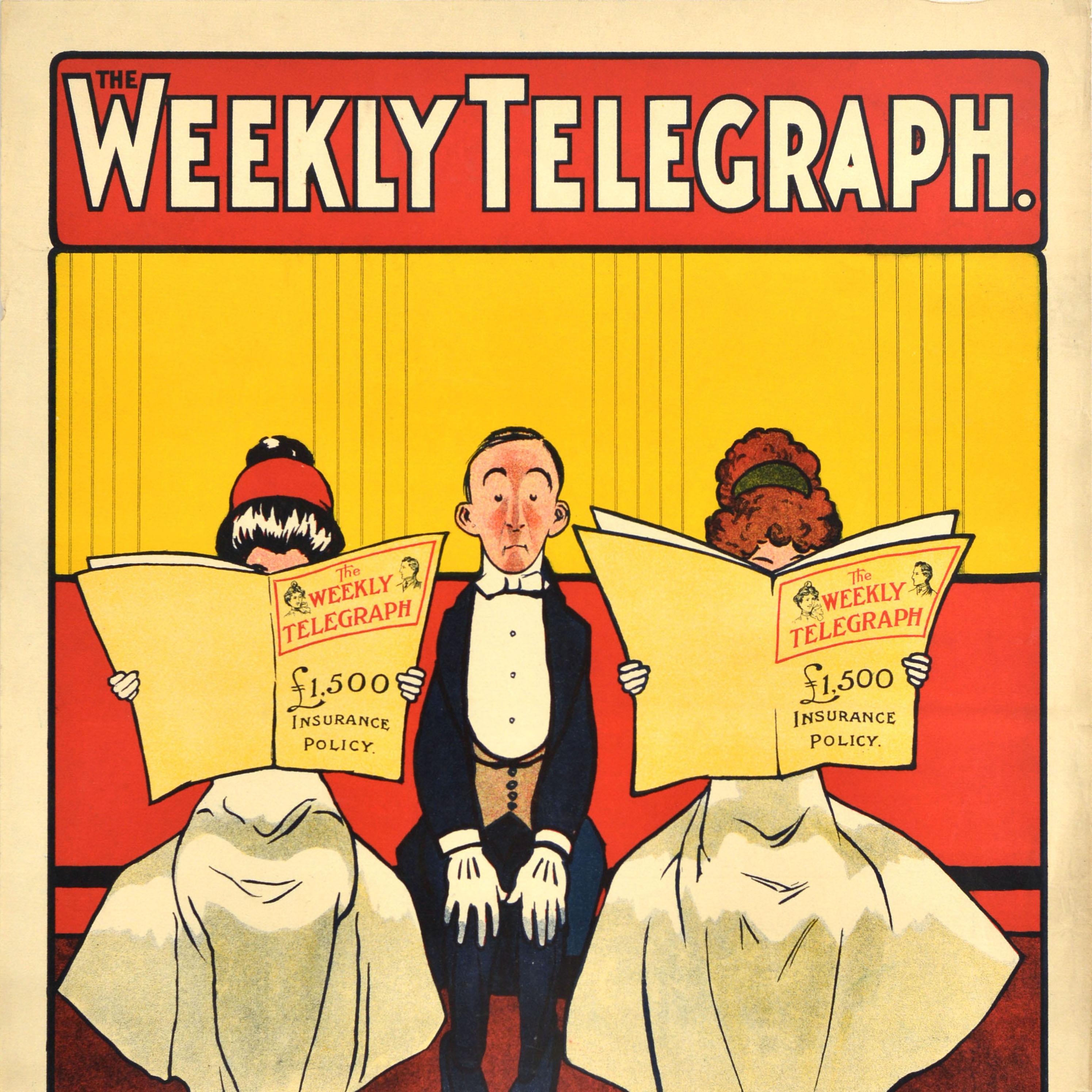 Original Antikes Werbeplakat für die Zeitung, The Weekly Telegraph Insurance, Original (Orange), Print, von John Hassall
