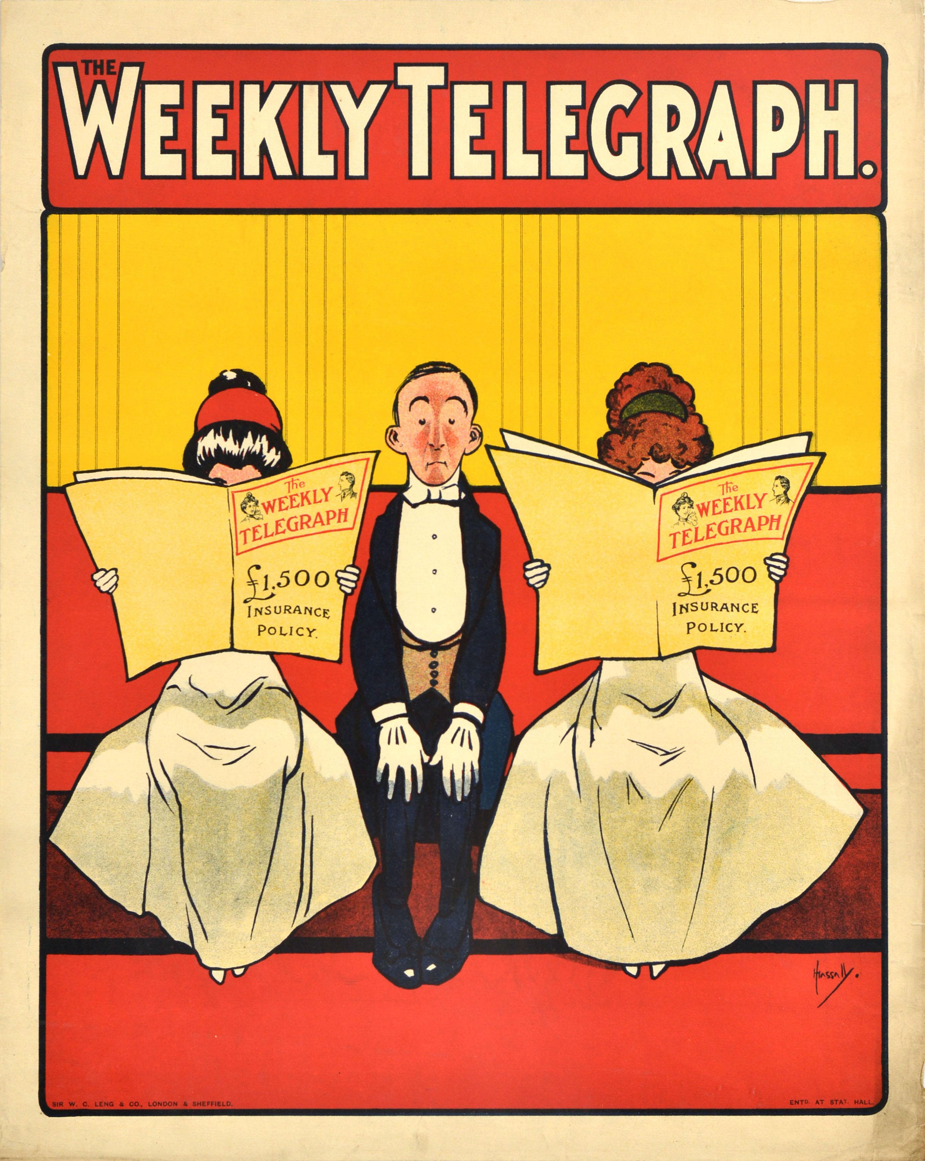 Print John Hassall - Affiche publicitaire originale d'antiquités du journal The Weekly Telegraph Insurance