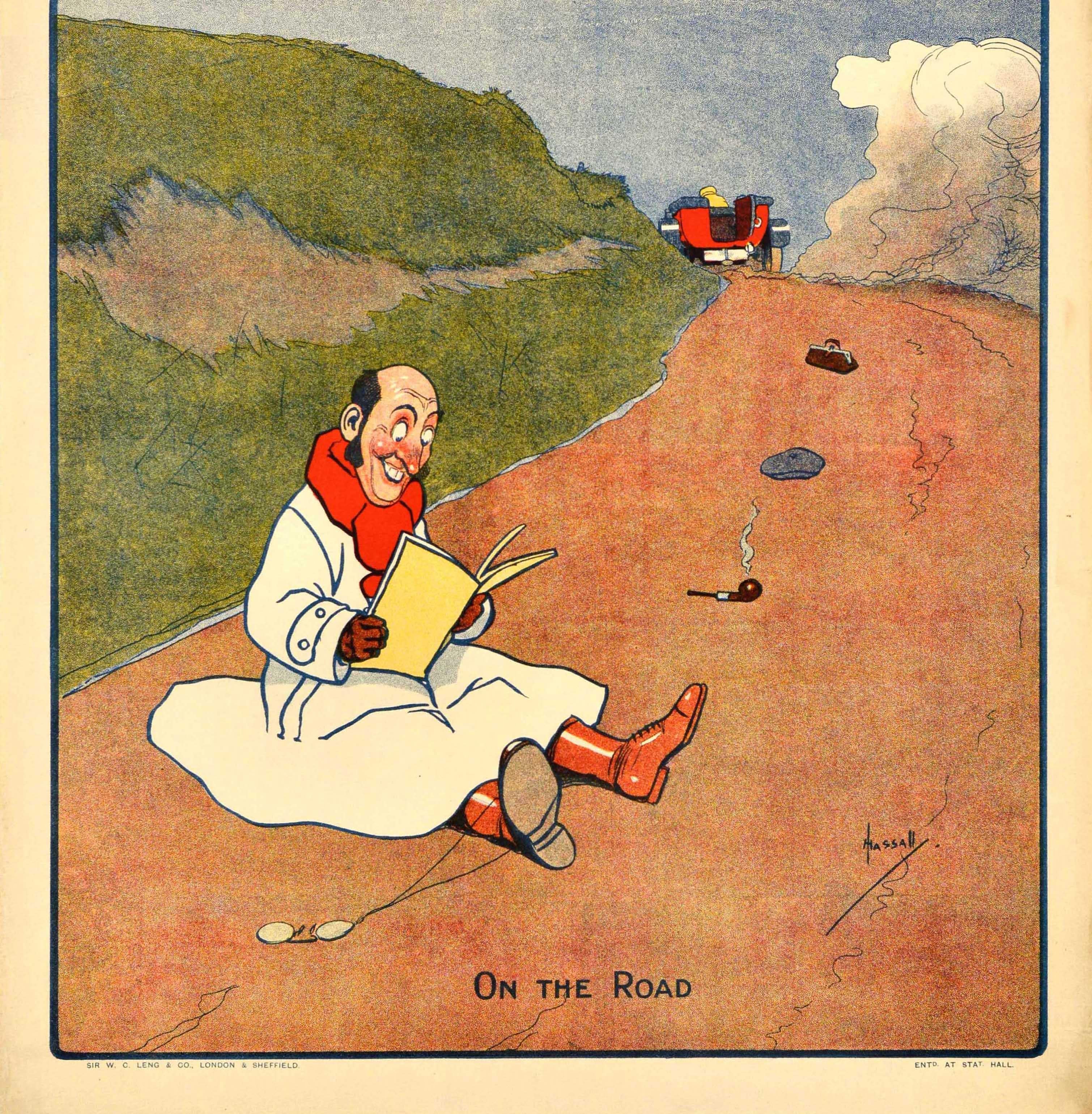Original antique newspaper advertising poster - The Weekly Telegraph On The Road - featuring an illustration of a smiling man in a long white coat, red scarf and boots sitting on a road reading the Weekly Telegraph paper with his glasses around one