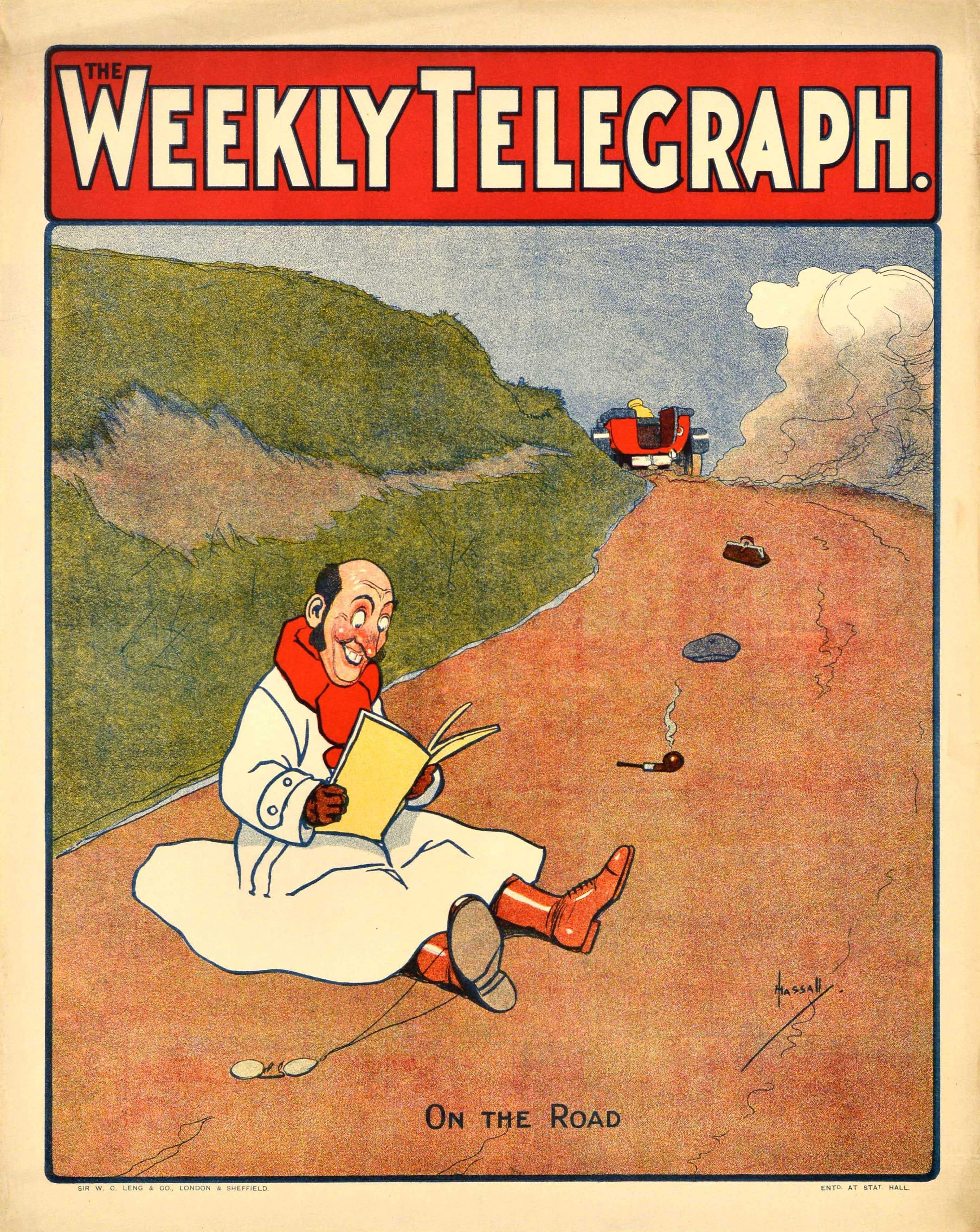 John Hassall Print – Original Antikes Werbeplakat für Zeitungen, The Weekly Telegraph On The Road