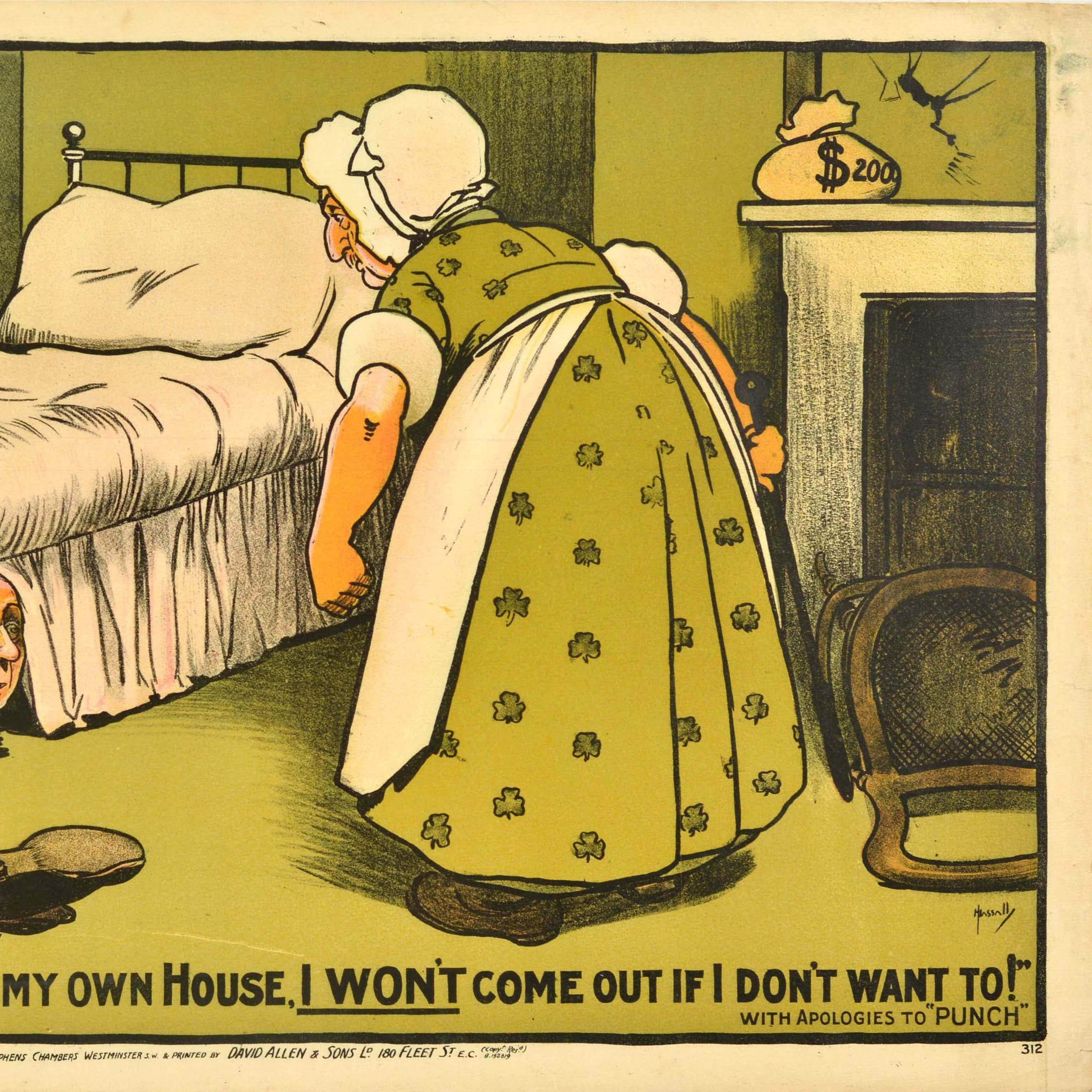 Affiche de propagande électorale originale et ancienne, comportant une illustration humoristique représentant une caricature de l'homme d'État et politicien libéral qui fut Premier ministre du Royaume-Uni de 1908 à 1916, Herbert Henry Asquith