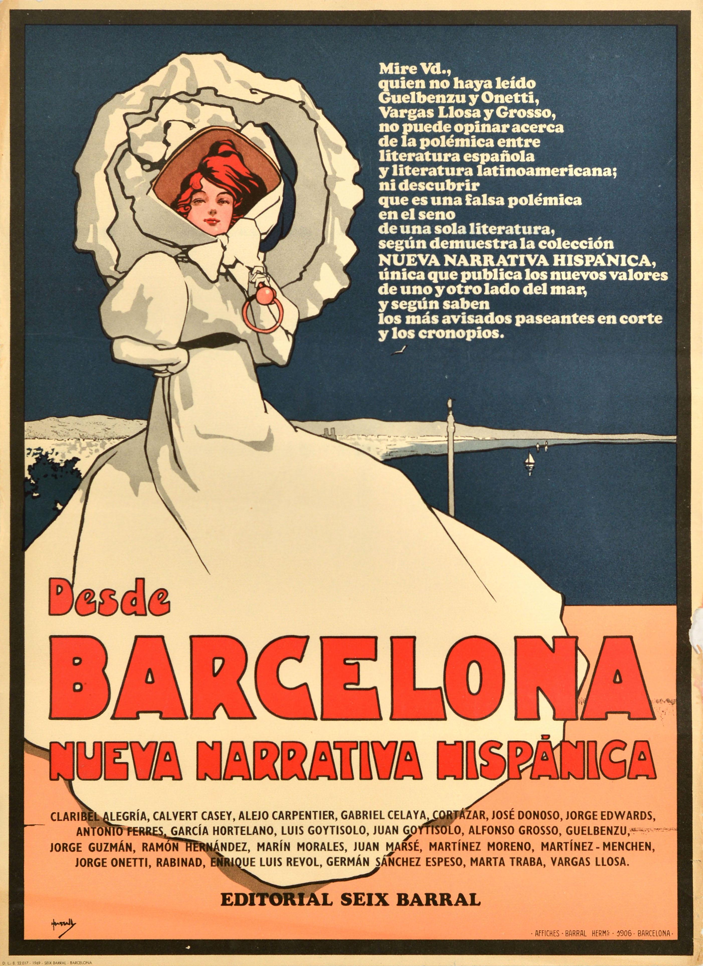 Cartel publicitario original de época con ilustraciones del cartel de 1906 ilustrado por el notable artista John Hassall (1868-1948) que representa a una dama victoriana elegantemente vestida con un largo vestido blanco y sombrero blanco con lazo,