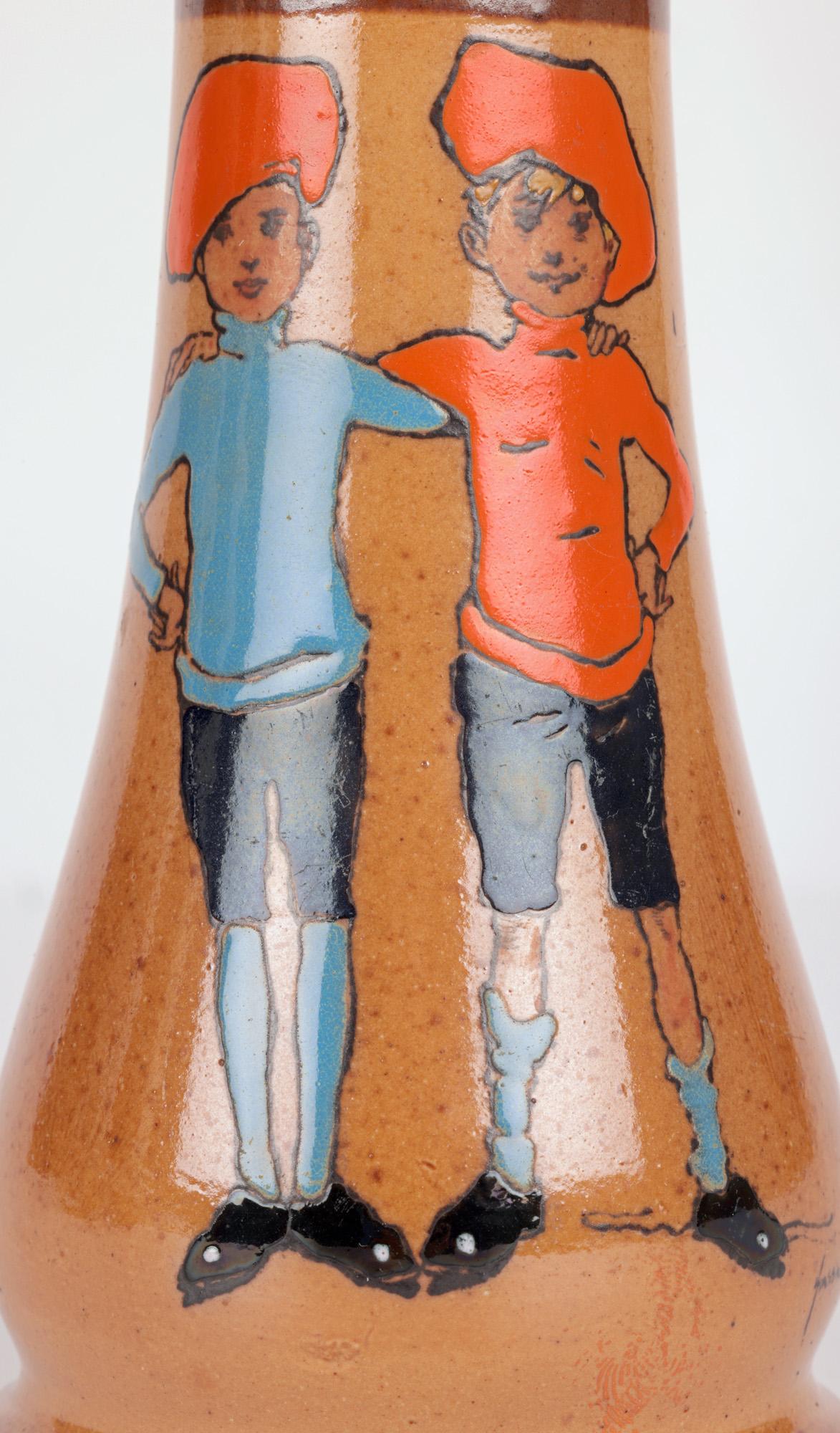 Art Nouveau John Hassell Doulton Lambeth Twins Ware Painted Salt Glazed Vase For Sale