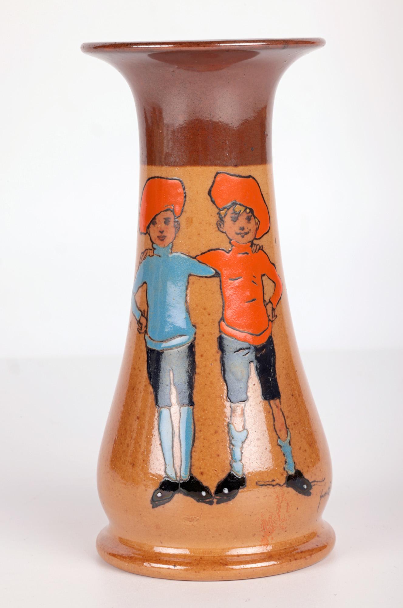 John Hassell Doulton Lambeth Twins Ware Painted Salt Glazed Vase In Good Condition For Sale In Bishop's Stortford, Hertfordshire