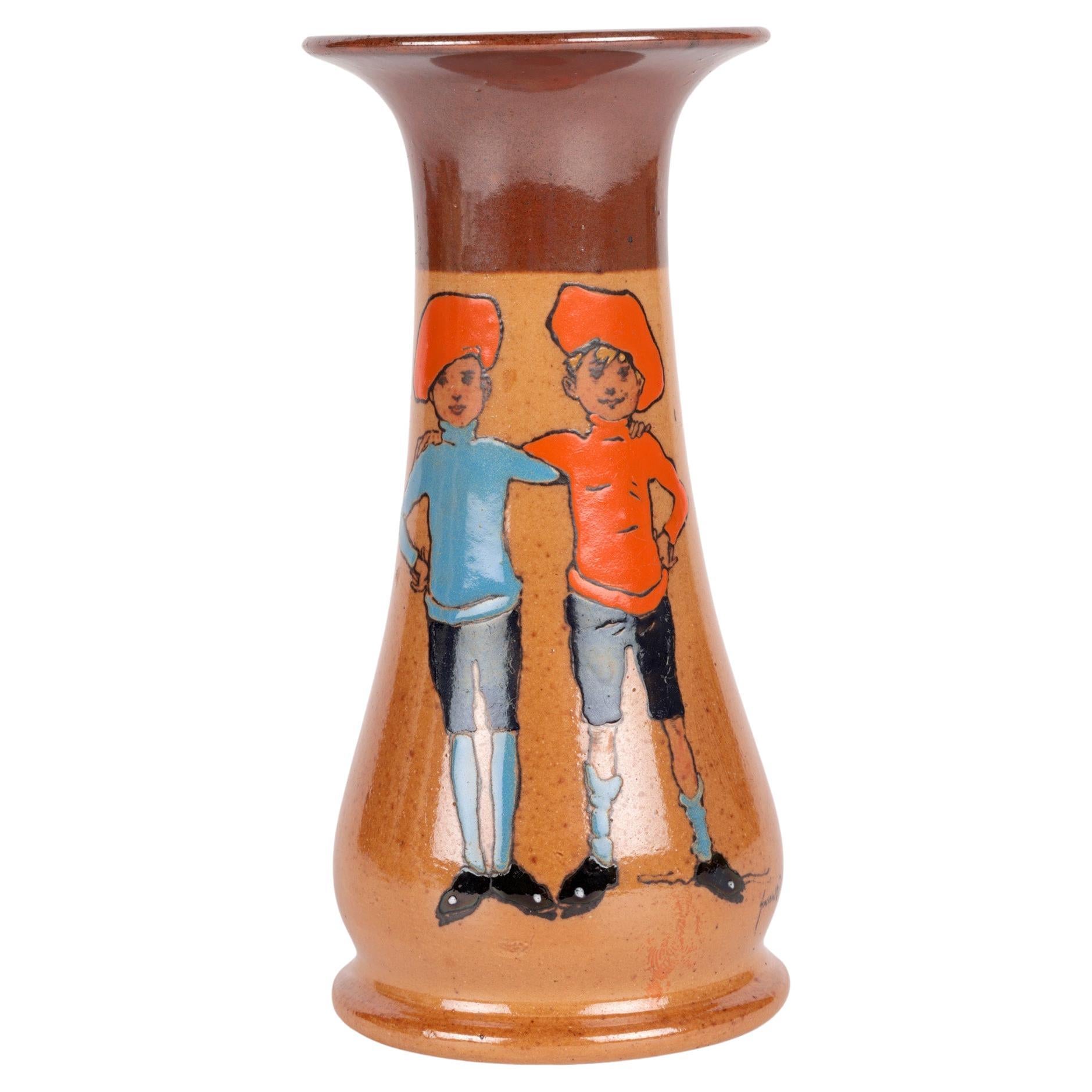 John Hassell Doulton Lambeth Twins Ware Painted Salt Glazed Vase For Sale
