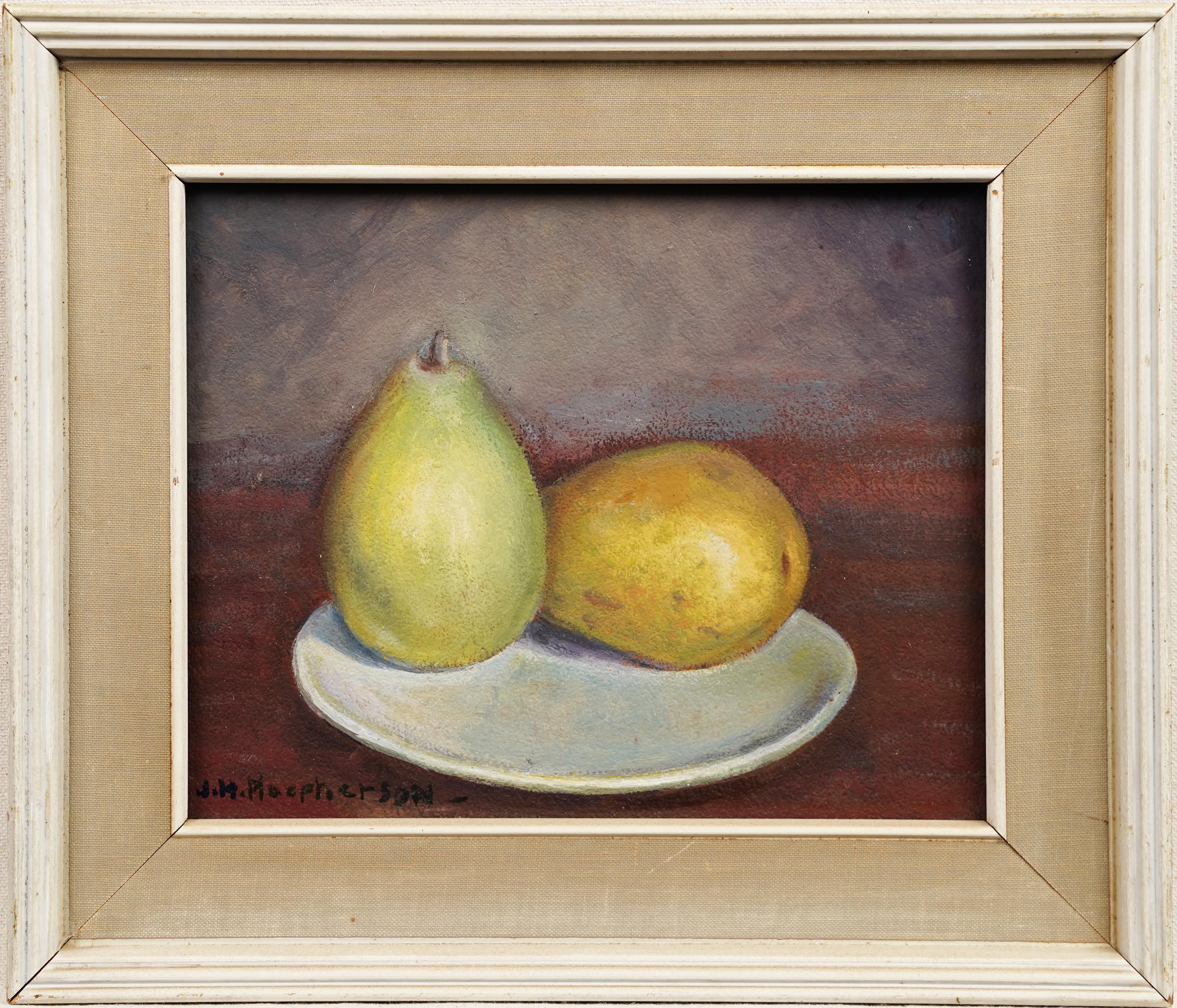 Antico dipinto ad olio americano firmato e incorniciato di natura morta con frutta e pera - Painting Impressionismo di John Havard Macpherson