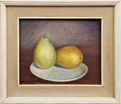 Nature morte impressionniste américaine ancienne encadrée en forme de poire, peinture à l'huile