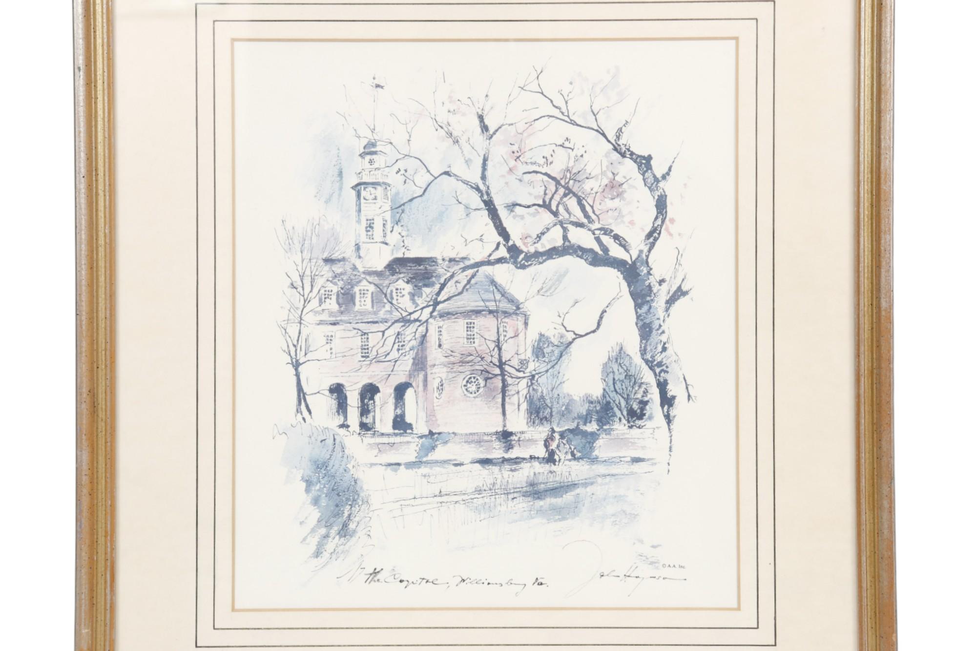 Ein Satz von zwei zusammenpassenden Drucken des Werbegrafikers John Haymson (1902-1980). Die skizzierten Szenen zeigen das Governor's Mansion und die Raleigh Tavern, beides historische Gebäude in Williamsburg, Virginia. Die Drucke sind auf der