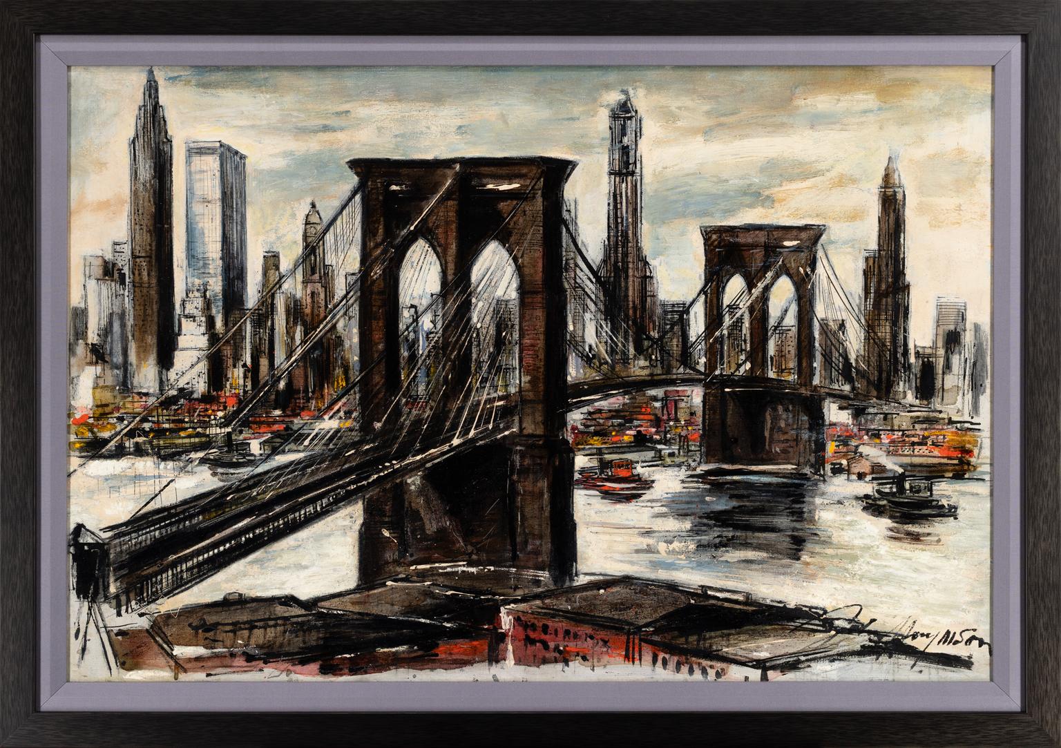 JOHN HAYMSON – "BROOKLYN BRIDGE"
⚜ Oil on Canvas ⚜ Hand Signed ⚜ Conservation Frame

NEW YORK ICON IN VIVID DETAIL
This atmospheric oil painting by John Haymson captures the enduring power and architectural beauty of the Brooklyn Bridge with New