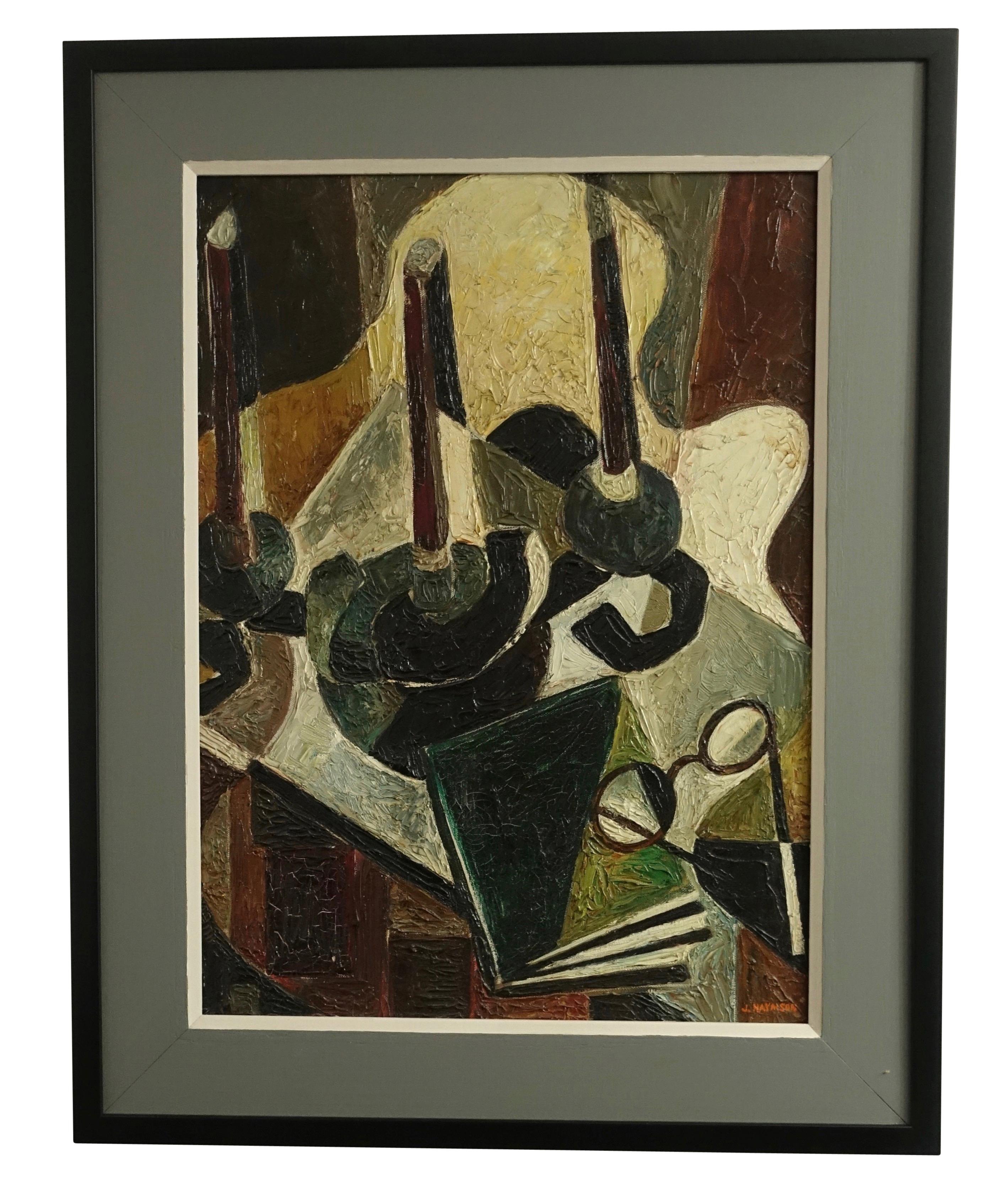 Mid-Century Abstract Expressionism Still Life Oil Painting signed J. Haymson - Black Abstract Painting by John Haymson