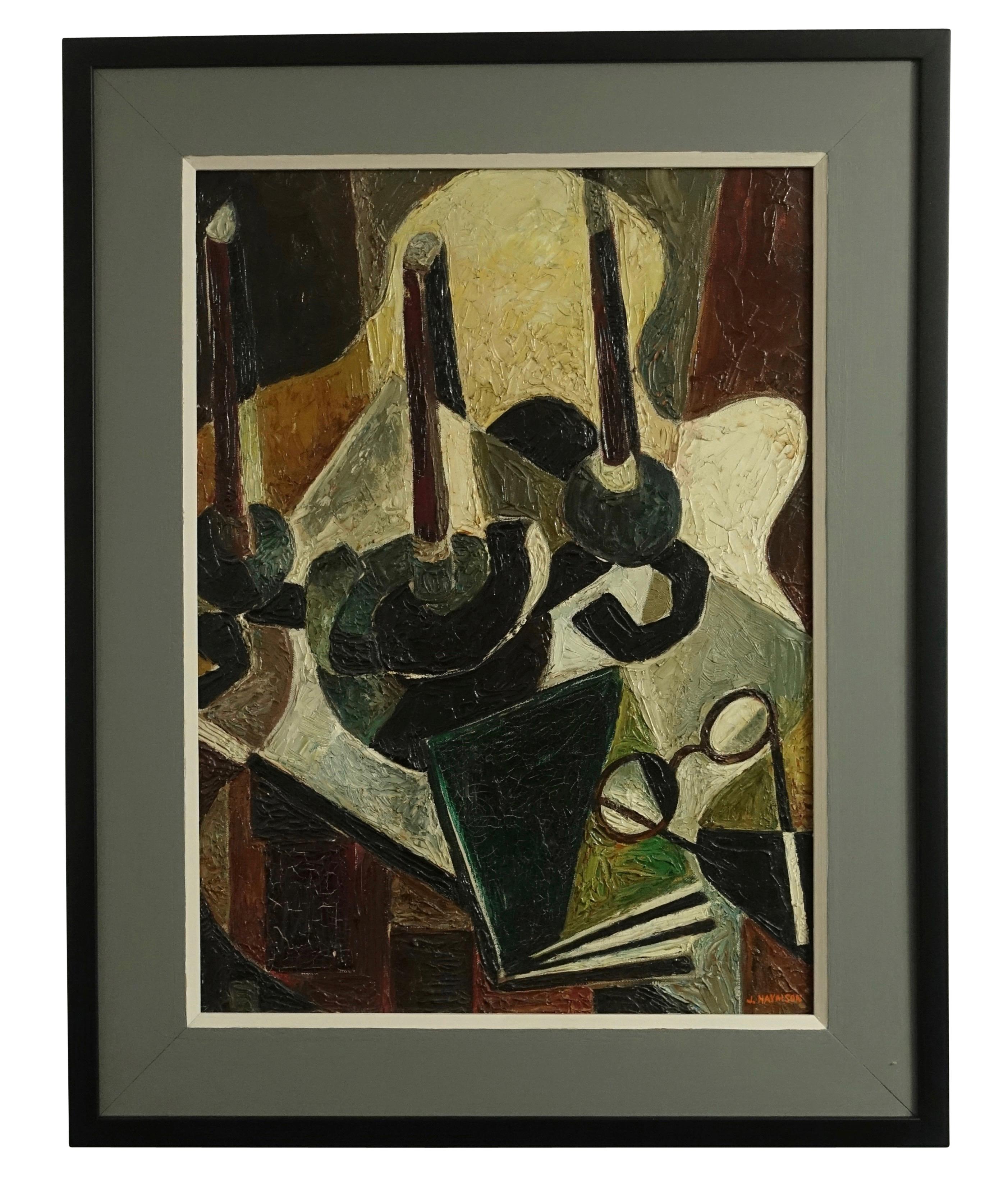 John Haymson Abstract Painting - Mid-Century Abstract Expressionism Still Life Oil Painting signed J. Haymson