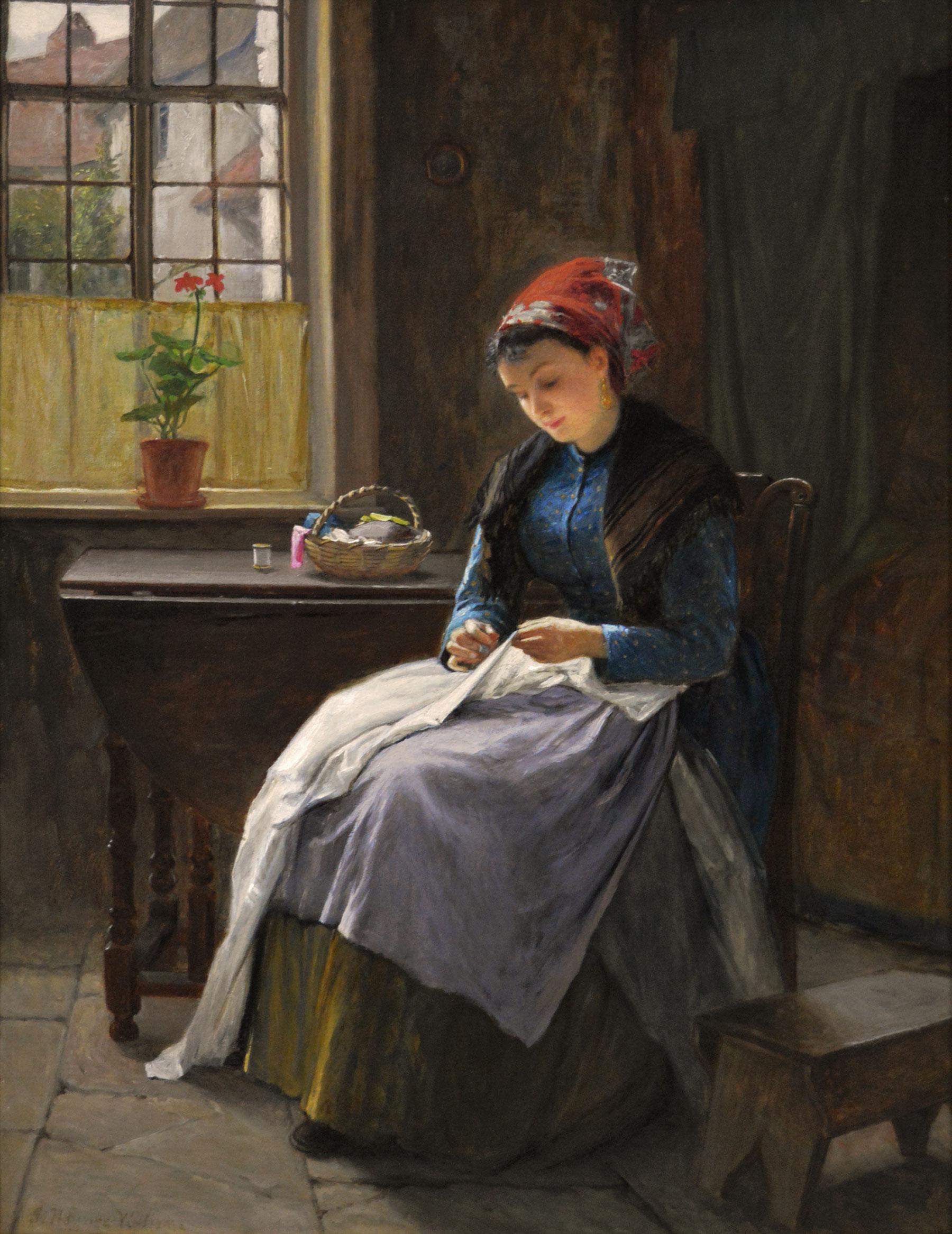 19th Century genre landscape oil painting of women sewing next to a window - Painting by John Haynes Williams
