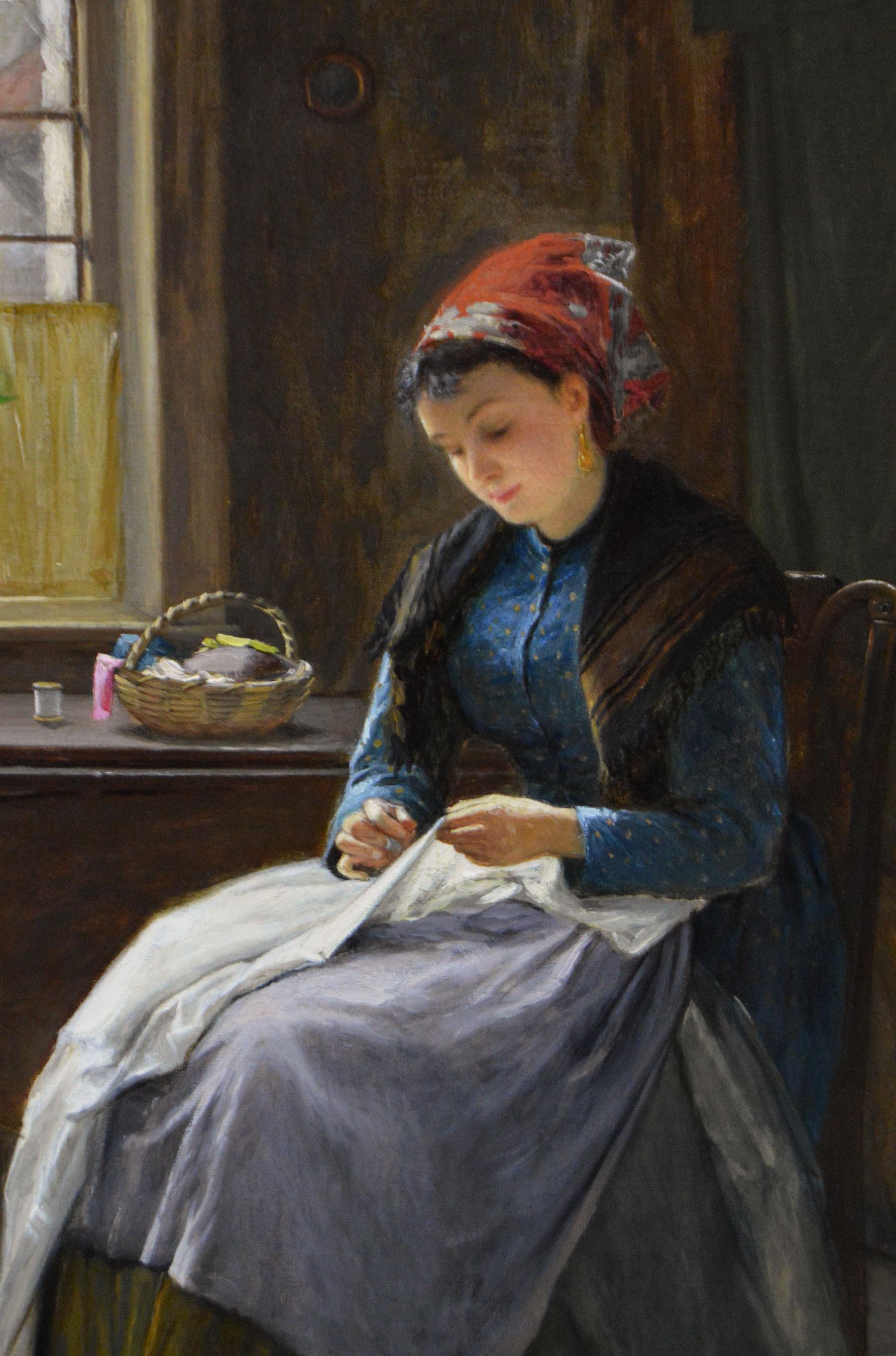 19th Century genre landscape oil painting of women sewing next to a window - Victorian Painting by John Haynes Williams
