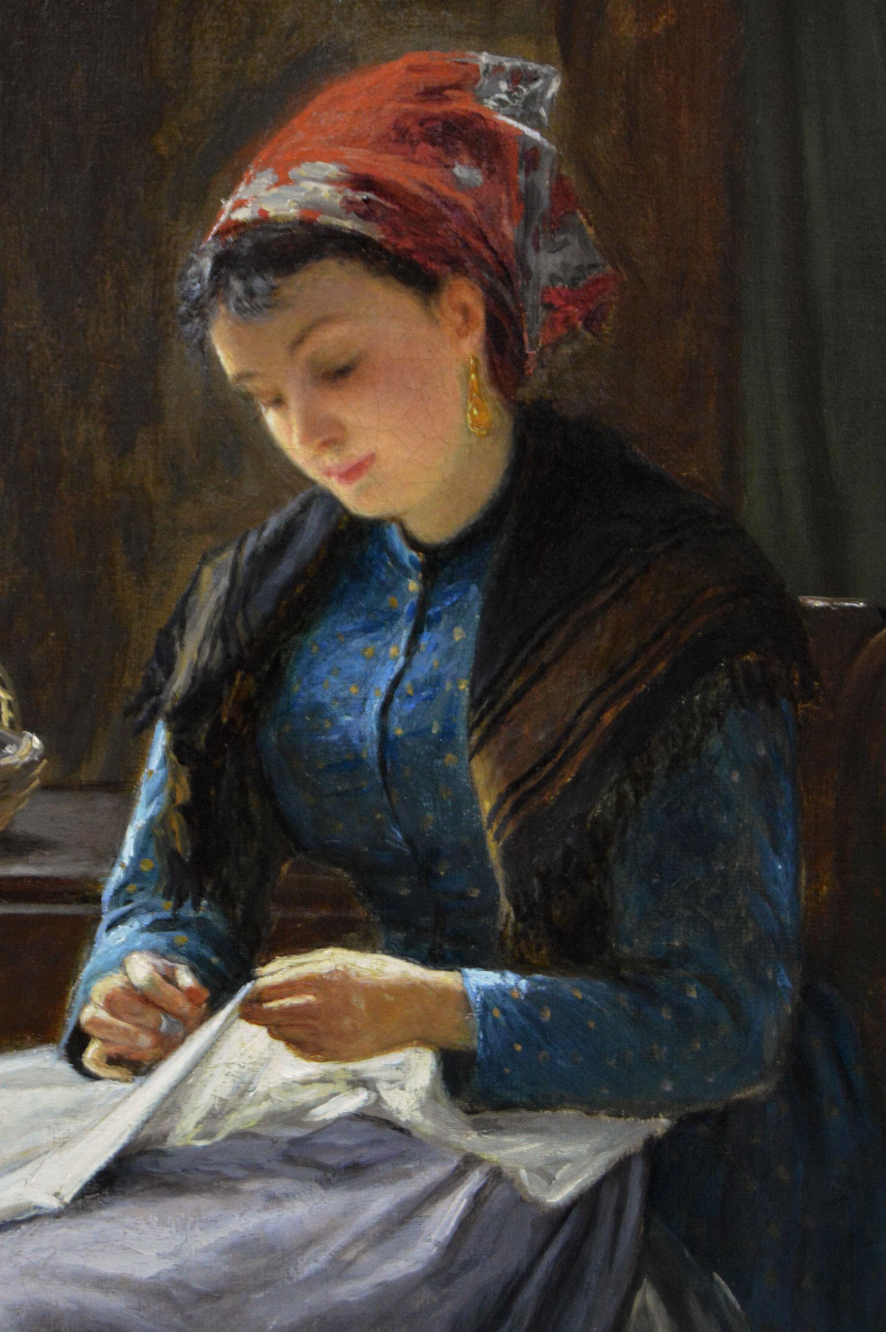 19th Century genre landscape oil painting of women sewing next to a window - Brown Interior Painting by John Haynes Williams