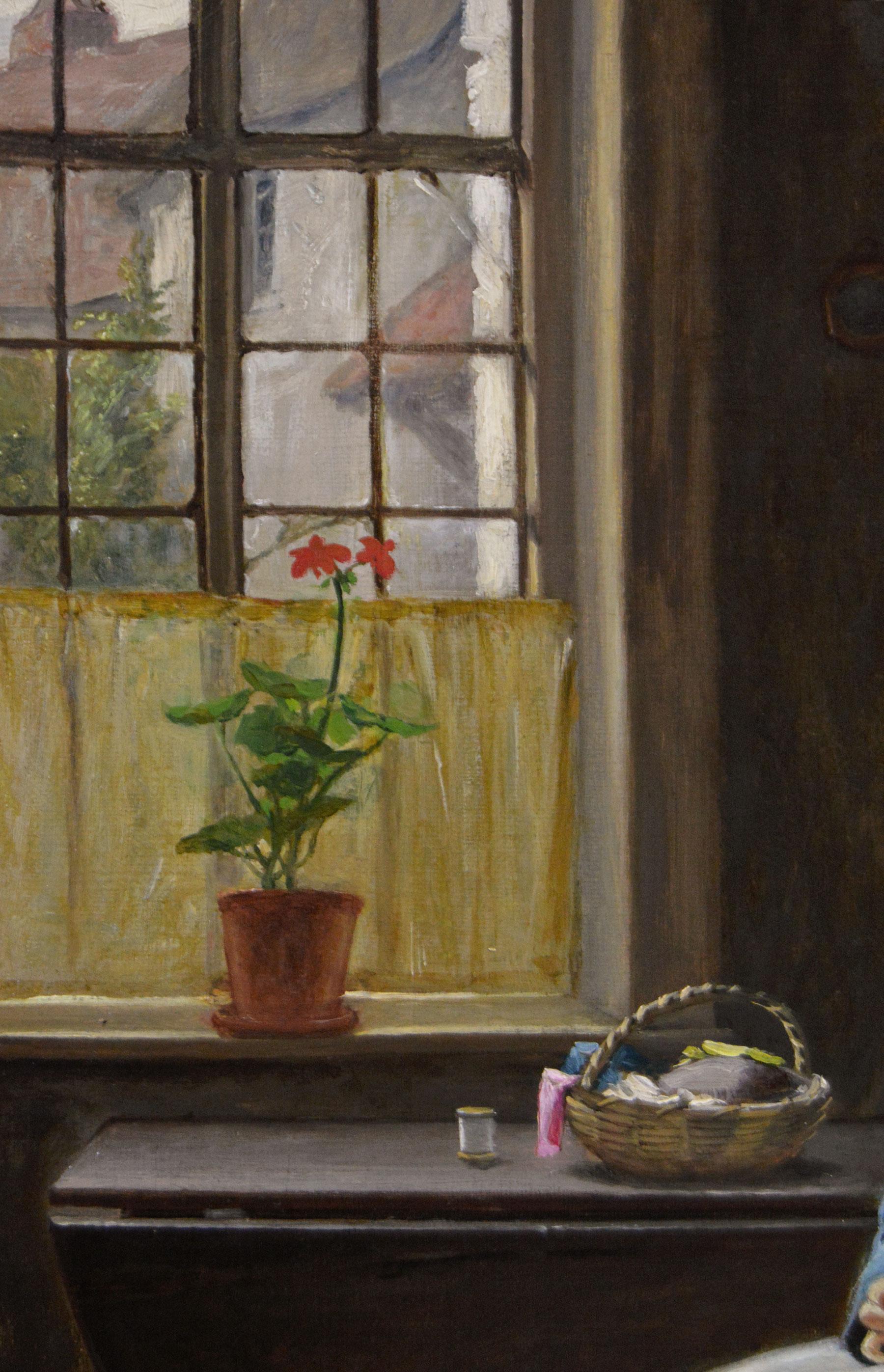 John Haynes Williams 
British, (1836-1908)
Sewing by the Window
Oil on canvas, signed
Image size: 17.5 inches x 13.5 inches 
Size including frame: 26.75 inches x 22.75 inches

A wonderful genre painting of a woman sewing next to a window by John