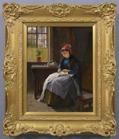 Antique 19th Century genre landscape oil painting of women sewing next to a window
