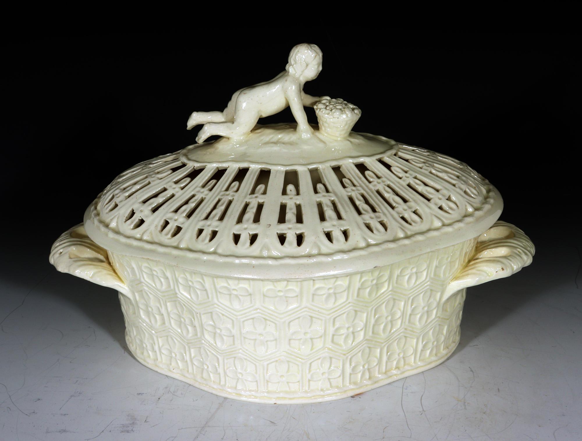 John Heath Creamware Chestnut Covered Baskets and Stands with Figural Finial 4