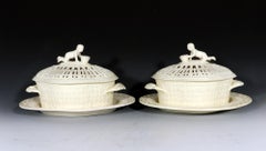 John Heath Creamware Chestnut Covered Baskets and Stands with Figural Finial