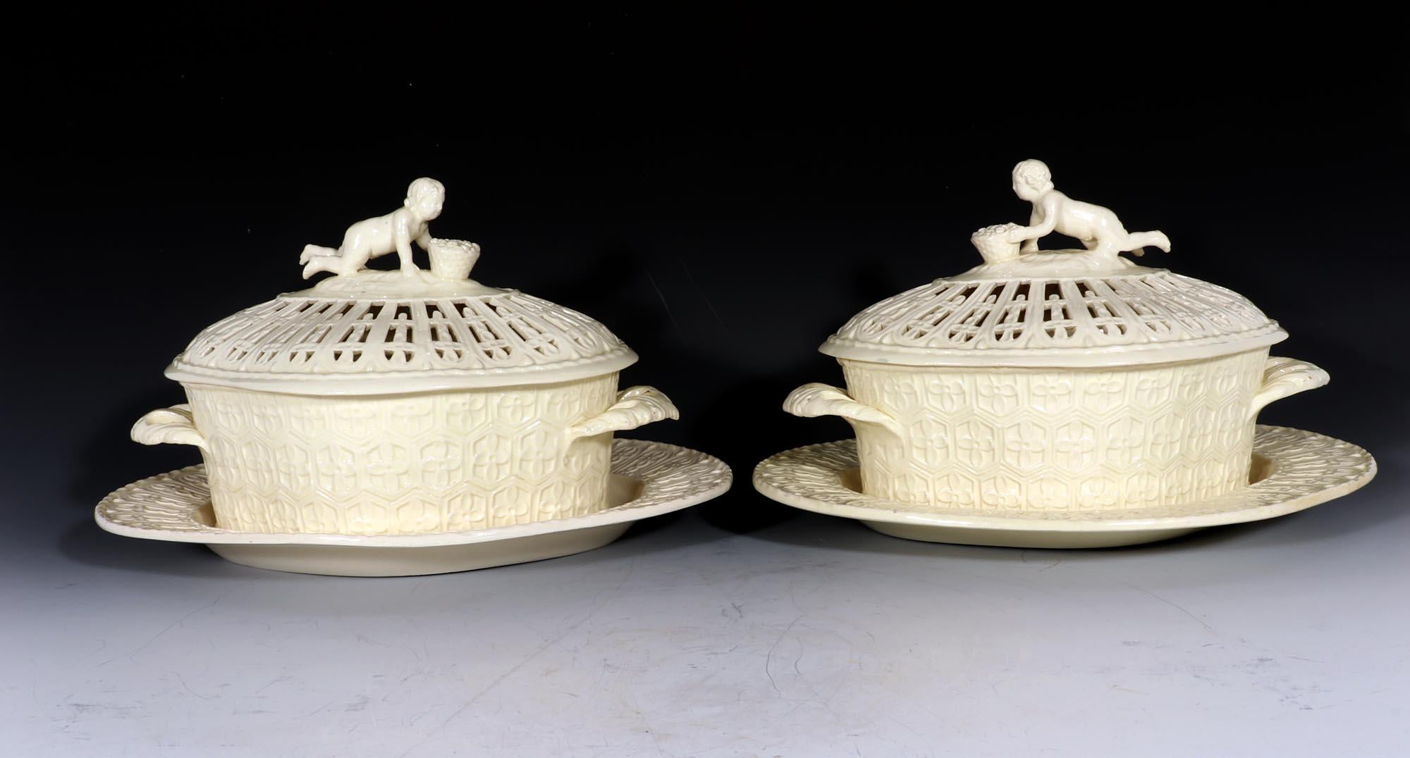 Georgian John Heath Creamware Chestnut Covered Baskets and Stands with Figural Finial