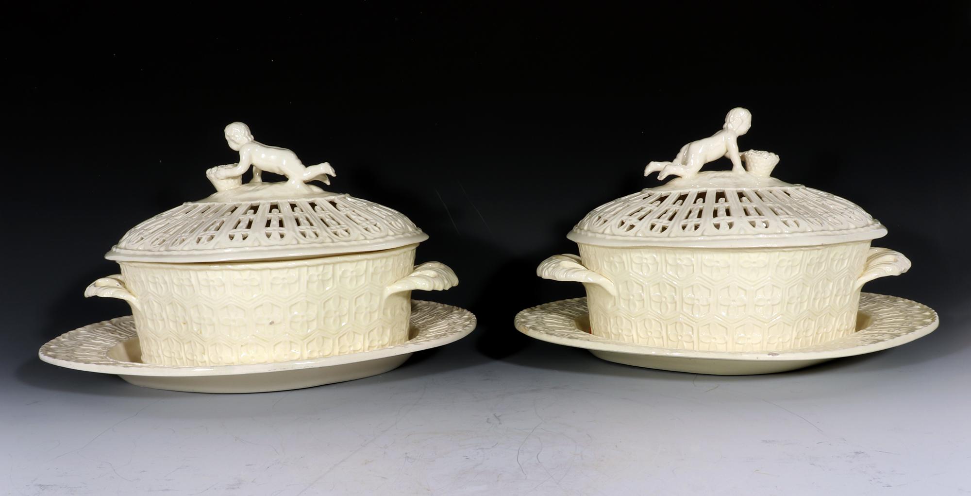 English John Heath Creamware Chestnut Covered Baskets and Stands with Figural Finial