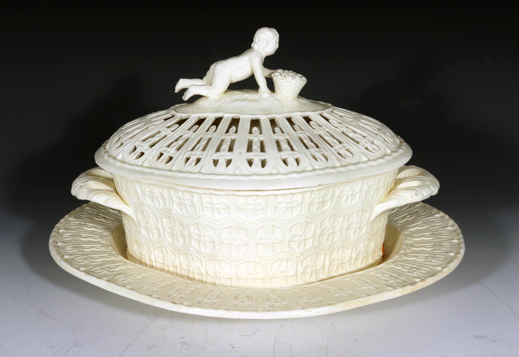 John Heath Creamware Chestnut Covered Baskets and Stands with Figural Finial In Good Condition In Downingtown, PA