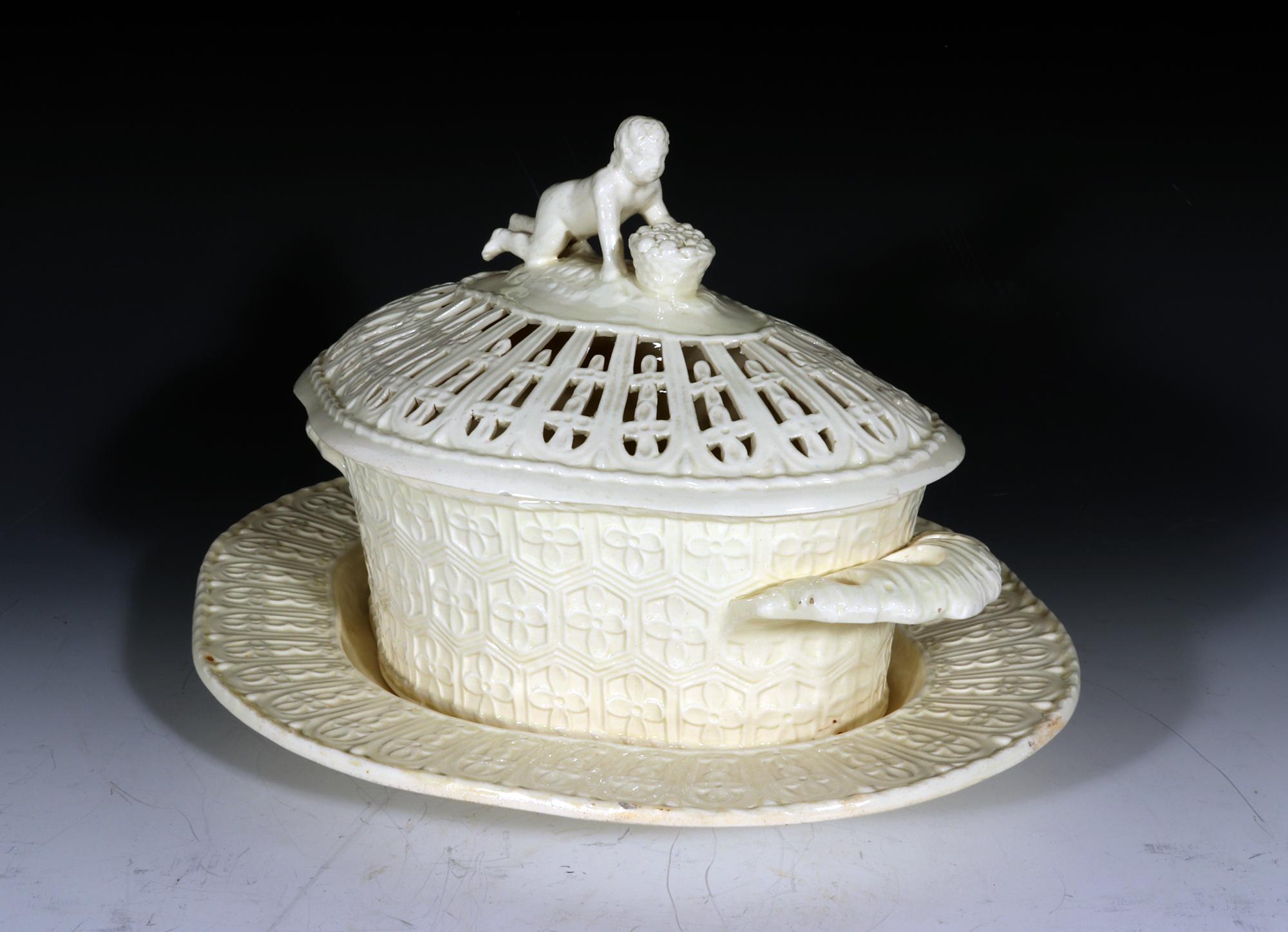 19th Century John Heath Creamware Chestnut Covered Baskets and Stands with Figural Finial