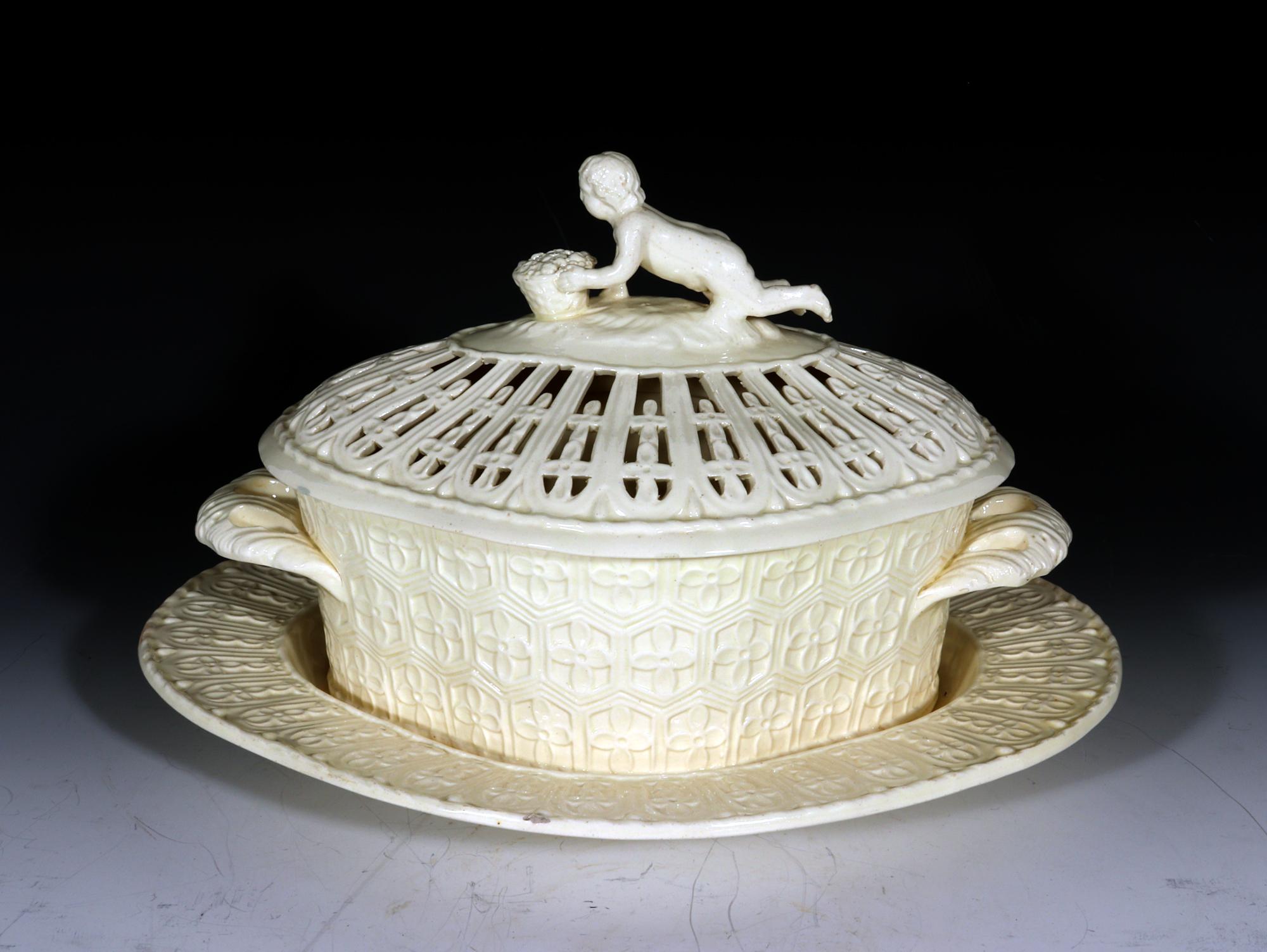 John Heath Creamware Chestnut Covered Baskets and Stands with Figural Finial 1