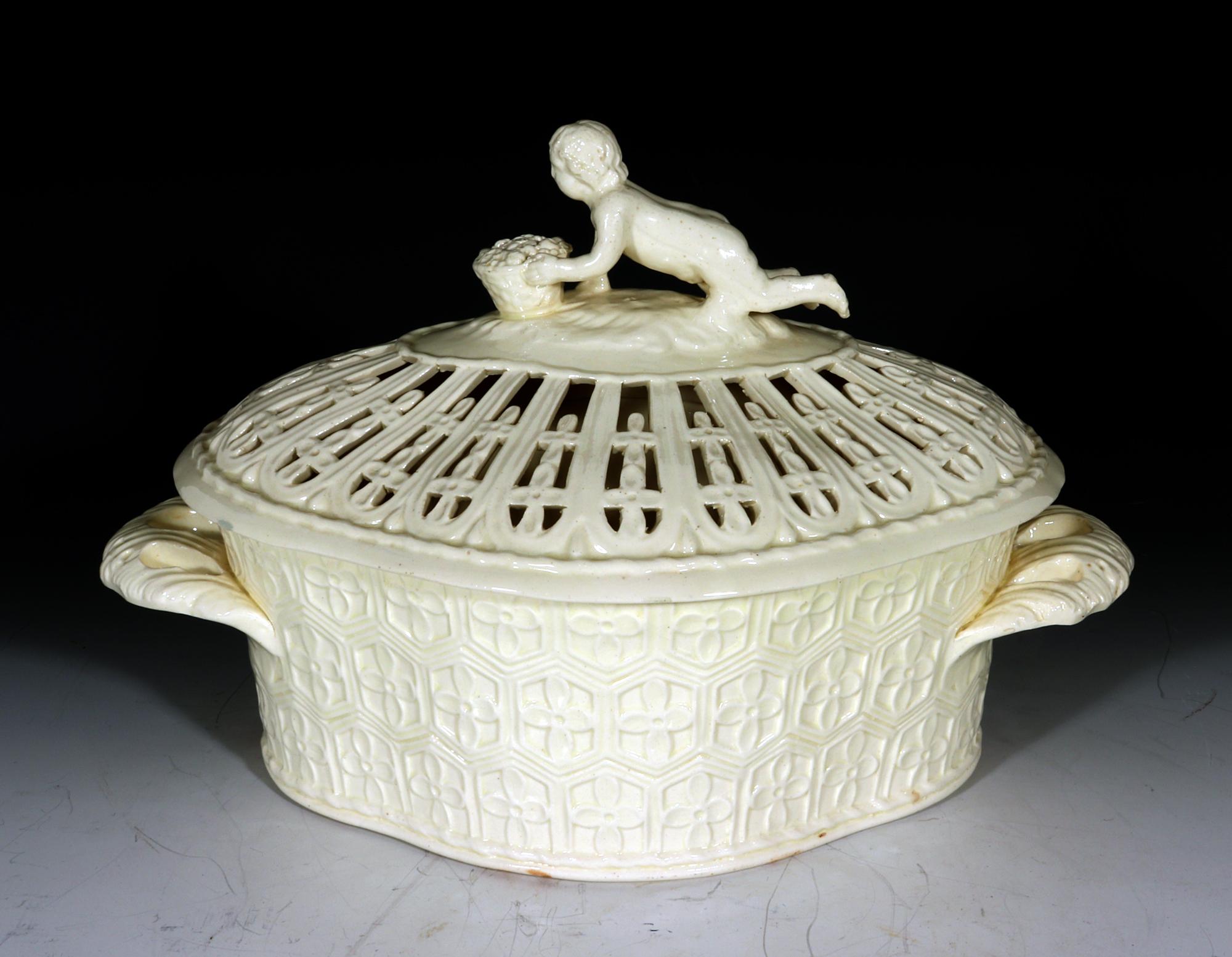John Heath Creamware Chestnut Covered Baskets and Stands with Figural Finial 2