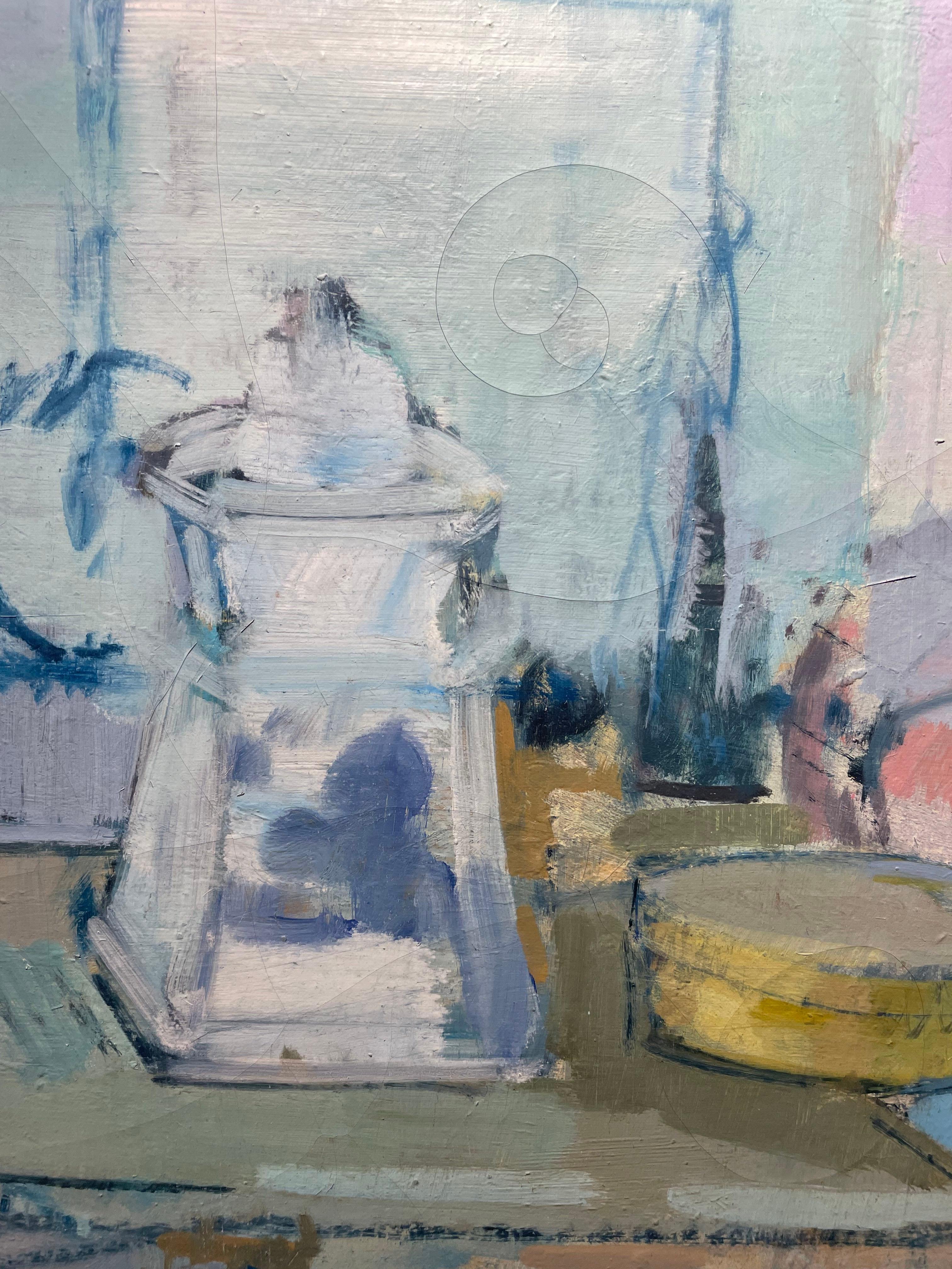 Bodegón semiabstracto, gran pintura al óleo azul y rosa del siglo XX en venta 5