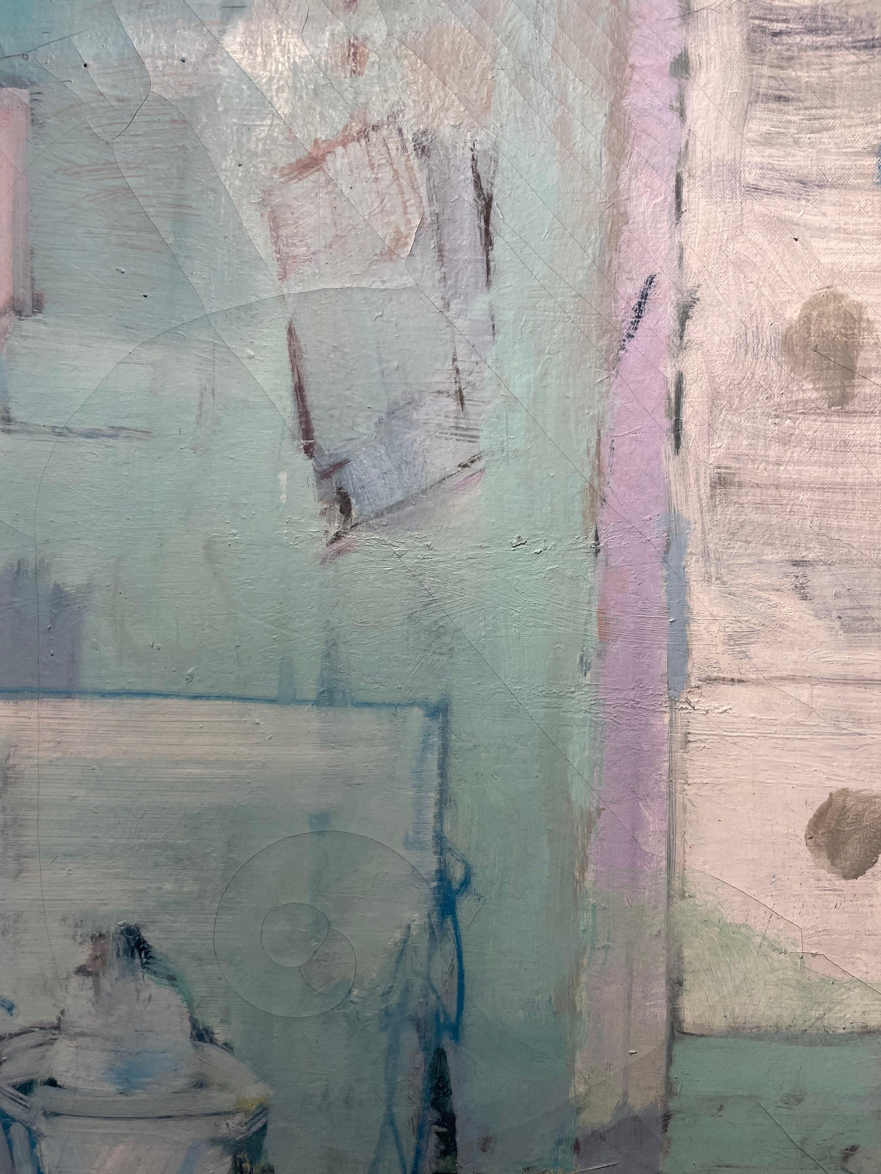 Bodegón semiabstracto, gran pintura al óleo azul y rosa del siglo XX en venta 6
