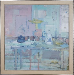 Bodegón semiabstracto, gran pintura al óleo azul y rosa del siglo XX
