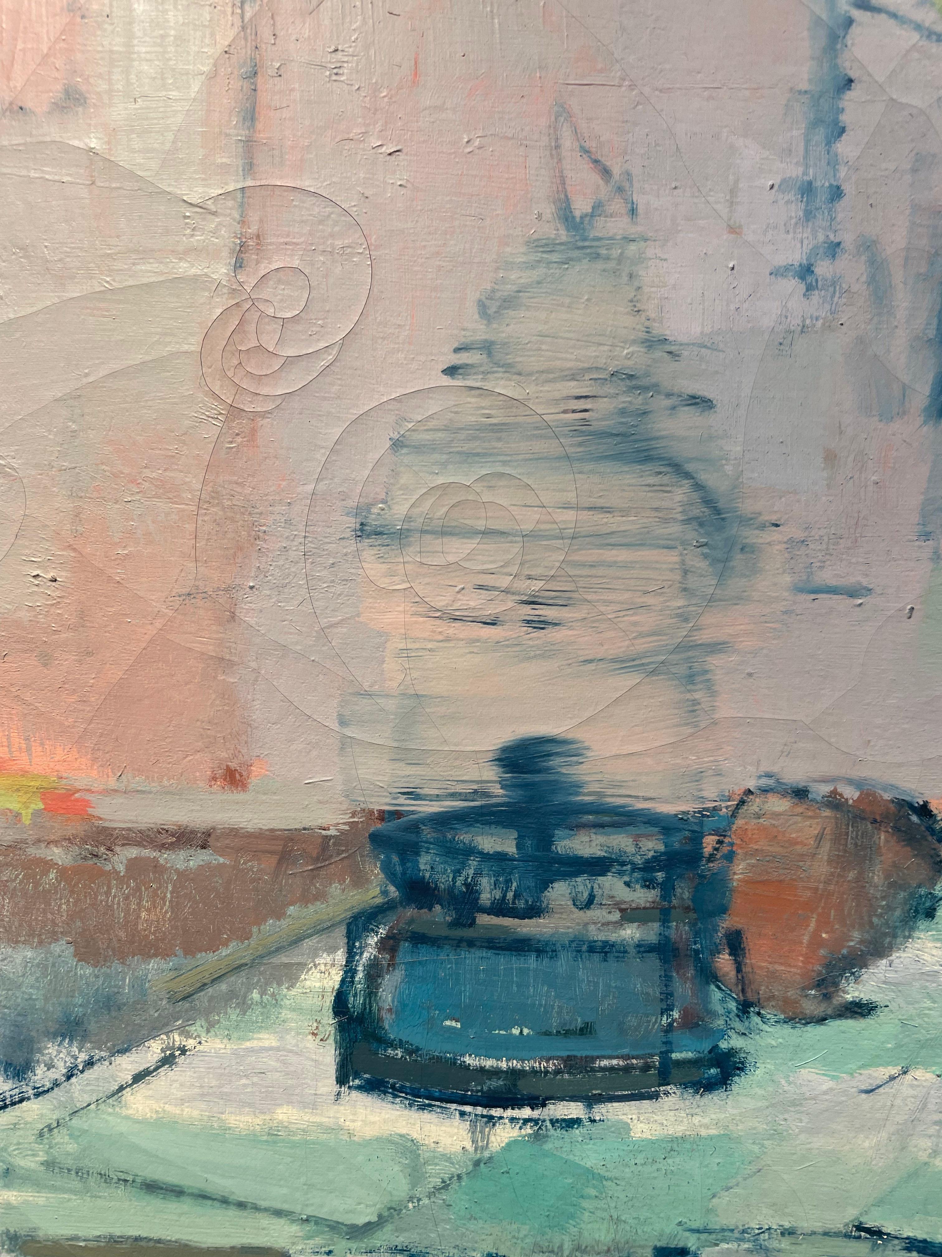Bodegón semiabstracto, gran pintura al óleo azul y rosa del siglo XX en venta 1