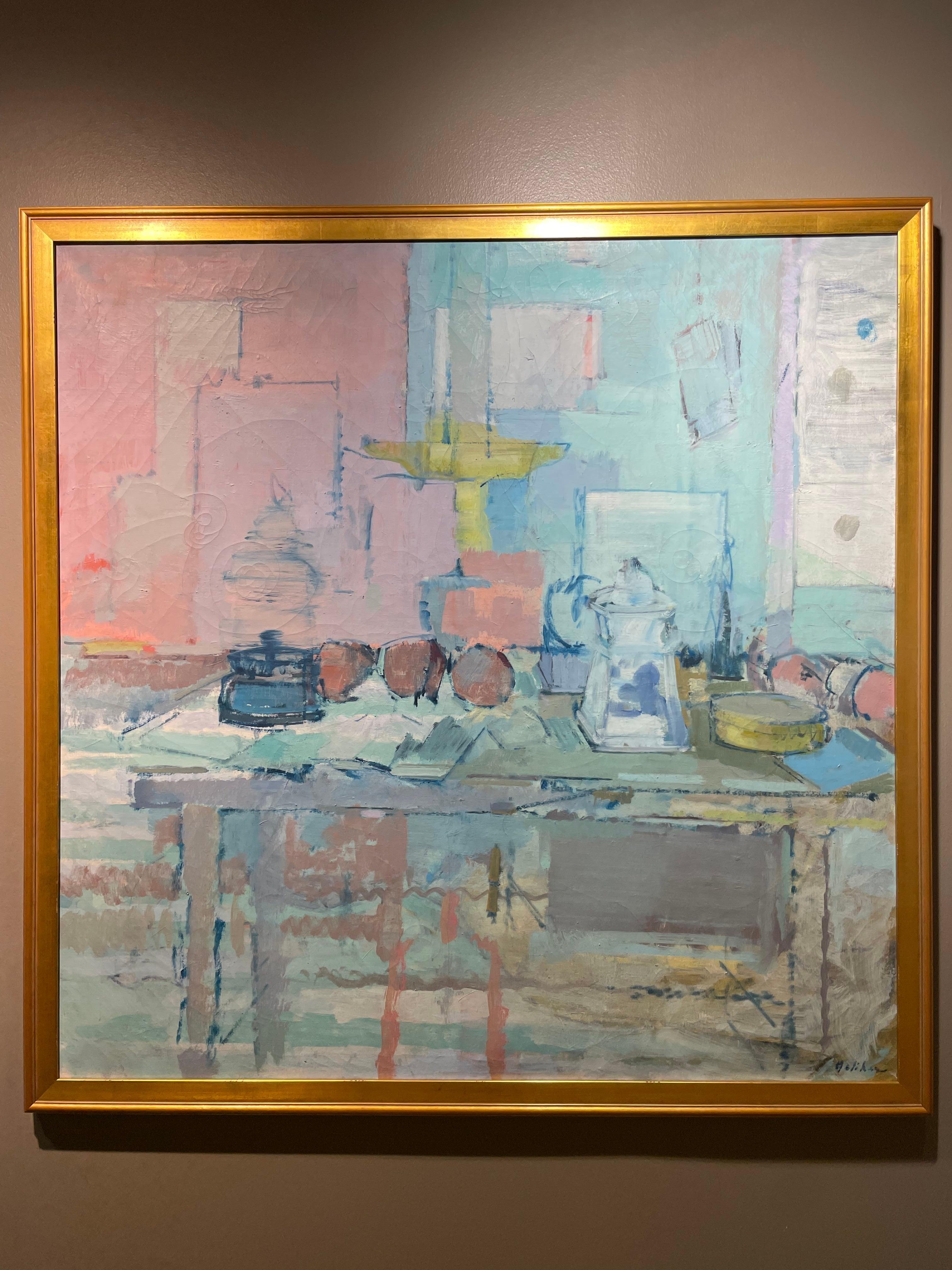Bodegón semiabstracto, gran pintura al óleo azul y rosa del siglo XX en venta 2