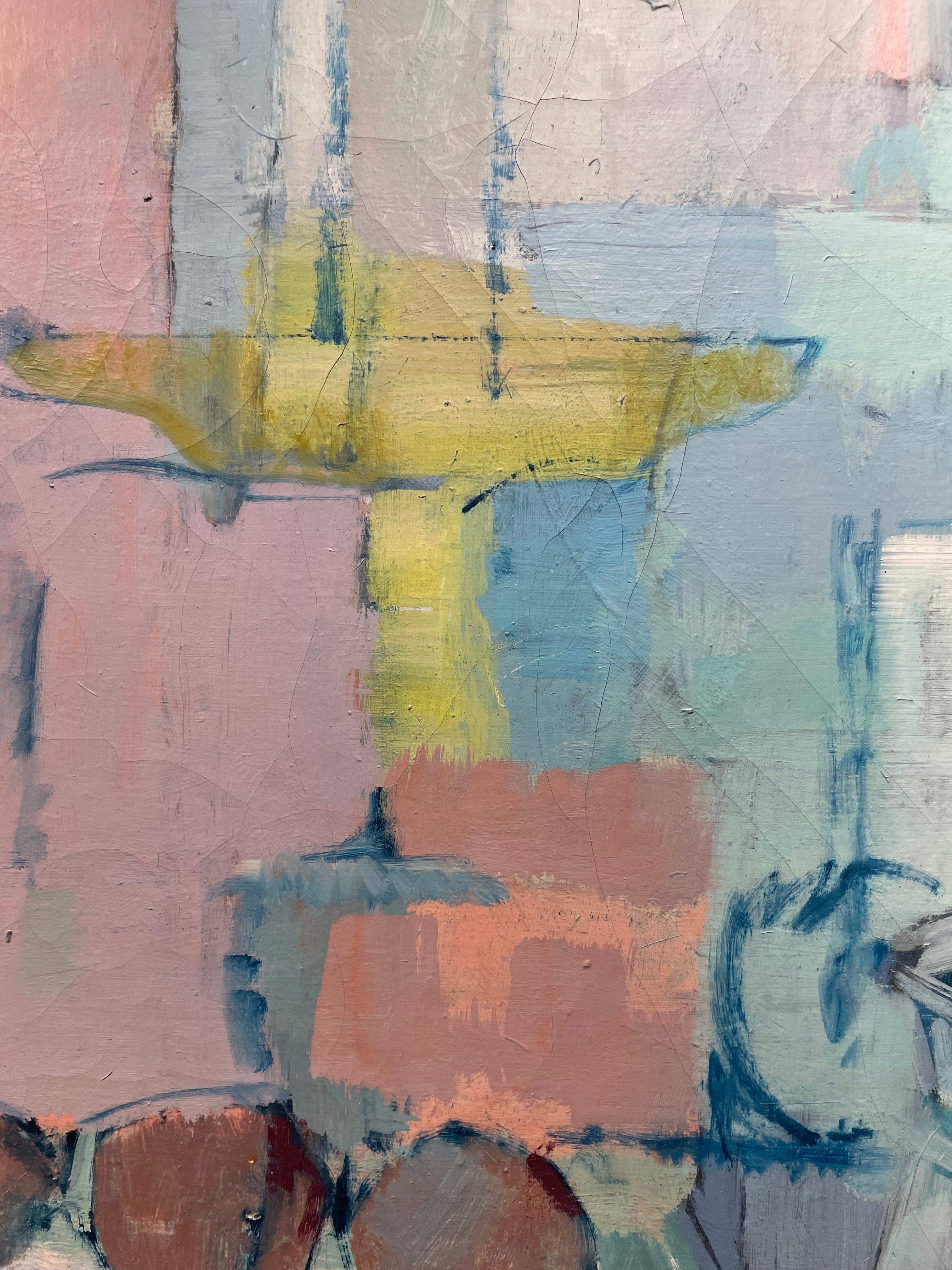Bodegón semiabstracto, gran pintura al óleo azul y rosa del siglo XX en venta 3