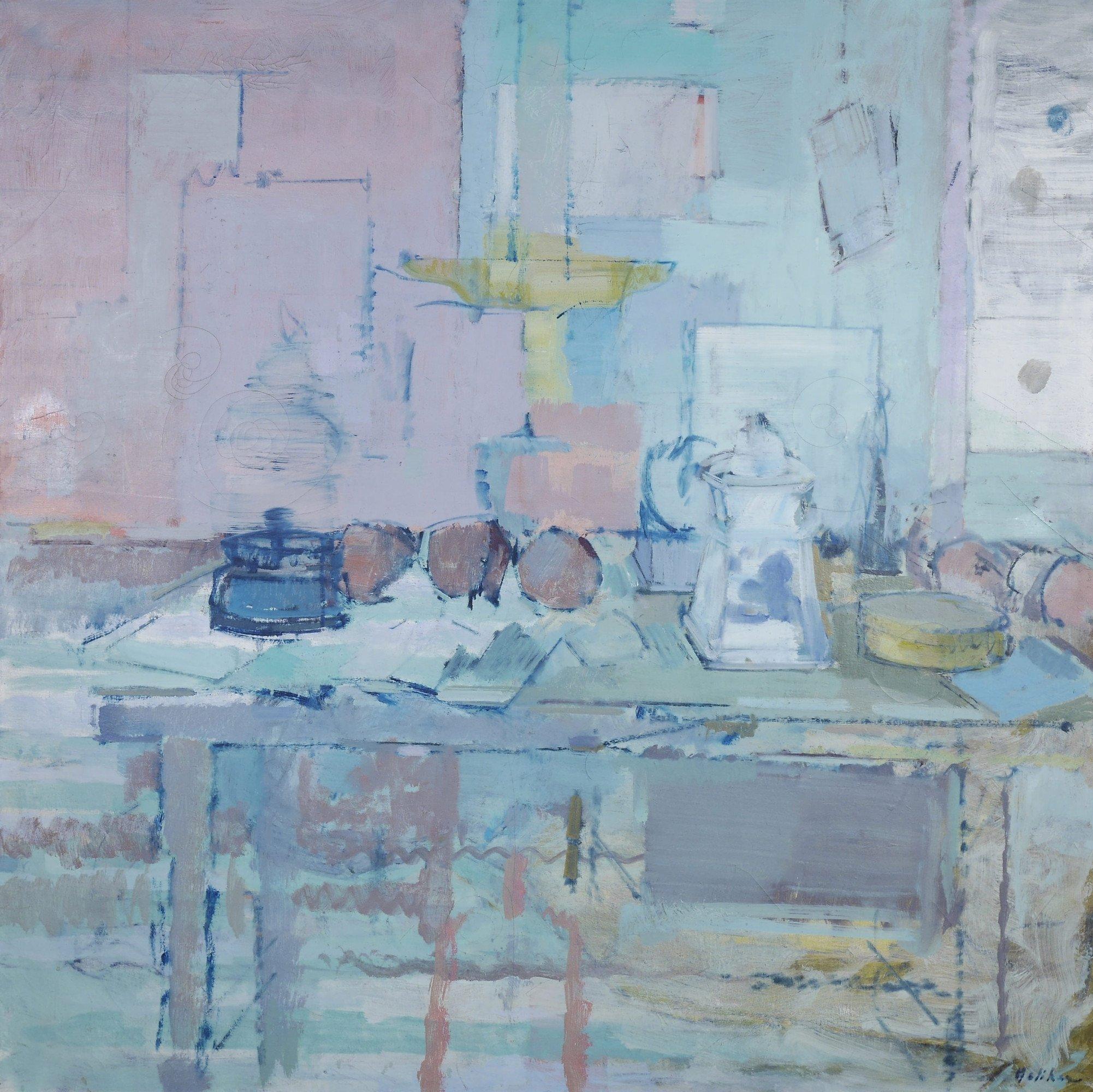 John Heliker Abstract Painting - Semi-abstract Still Life, Large 20th Century Blue & Pink Oil Painting