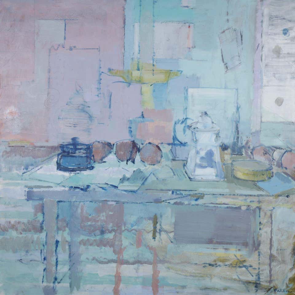 Semi-abstract Still Life, Large 20th Century Blue & Pink Oil Painting