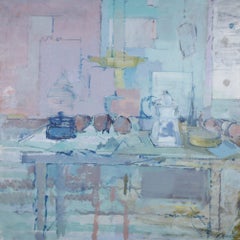 Semi-abstract Still Life, Large 20th Century Blue & Pink Oil Painting