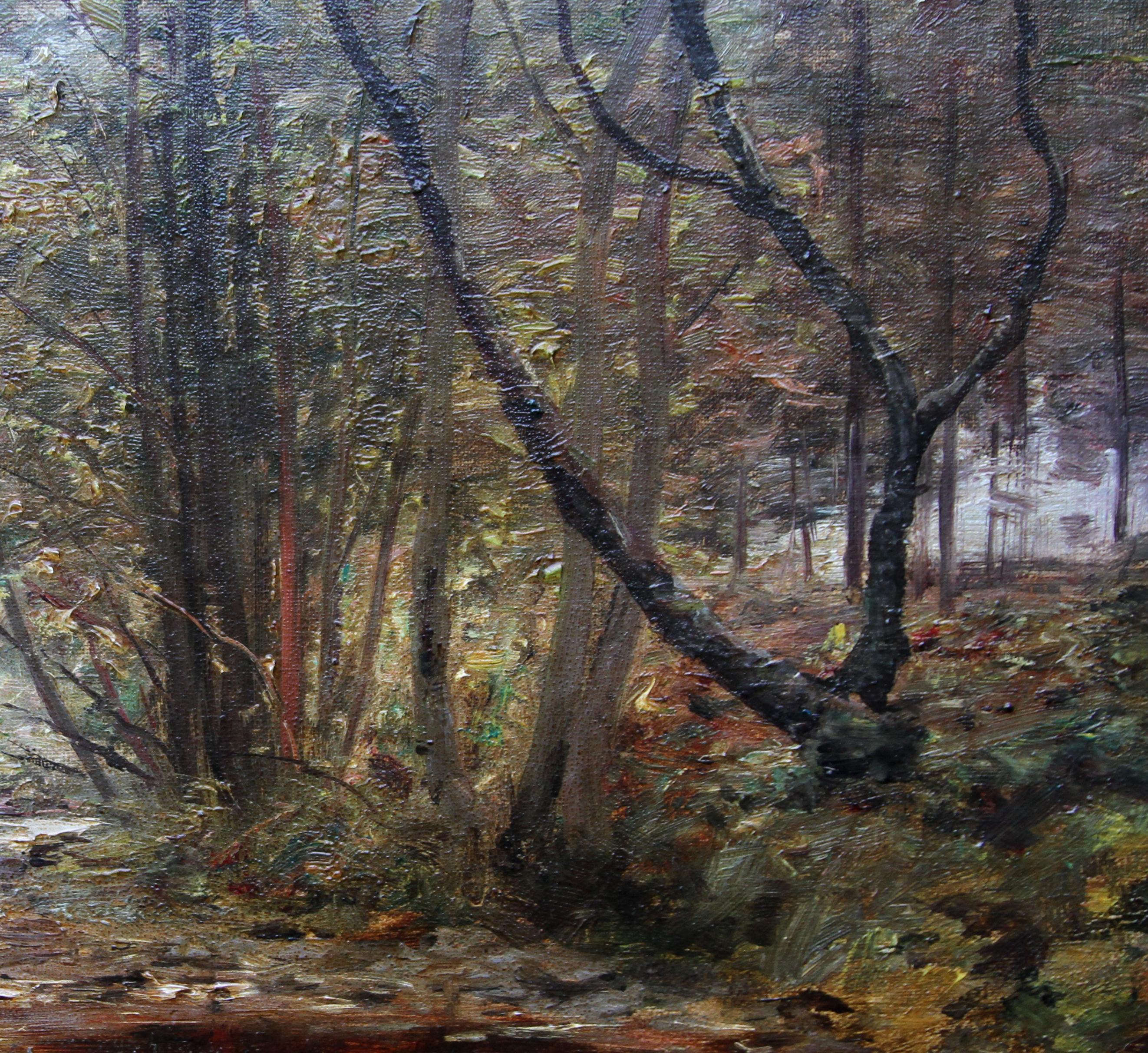 A Woodland Stream - Scottish Edwardian Impressionist art landscape oil painting - Black Landscape Painting by John Henderson