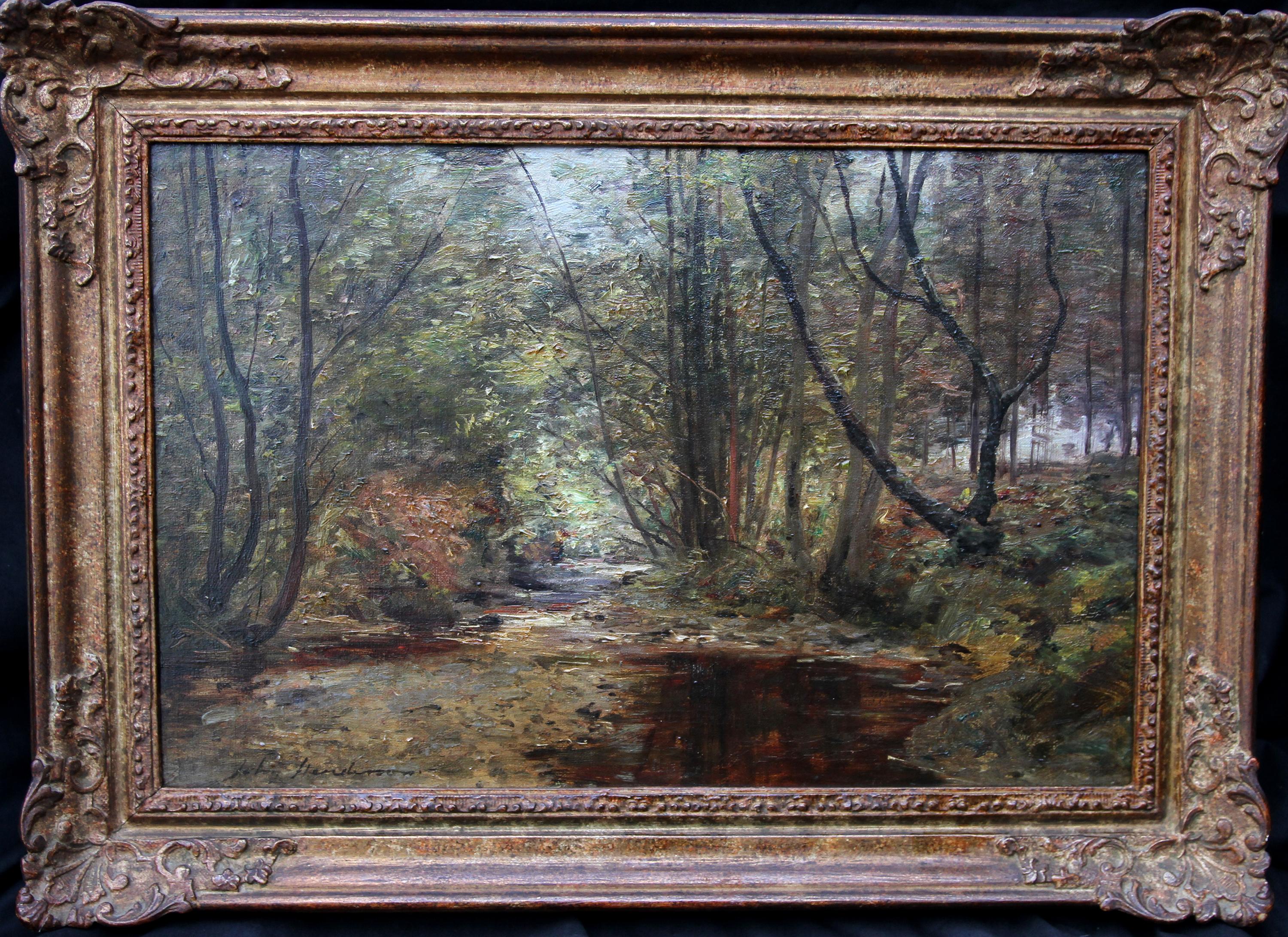 John Henderson Landscape Painting - A Woodland Stream - Scottish Edwardian Impressionist art landscape oil painting