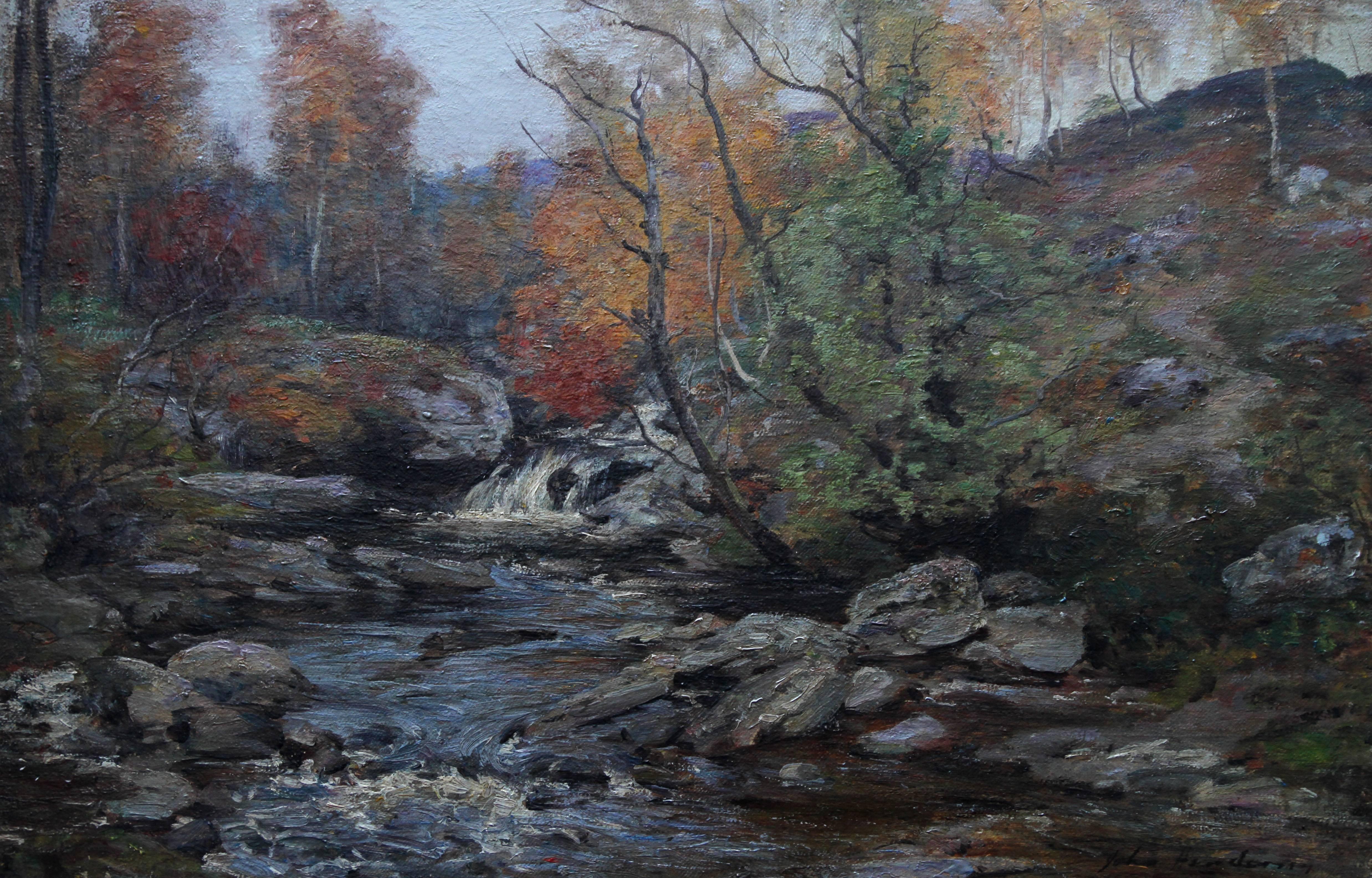 Autumn in the Glen - Scottish Impressionist art river landscape oil painting - Painting by John Henderson