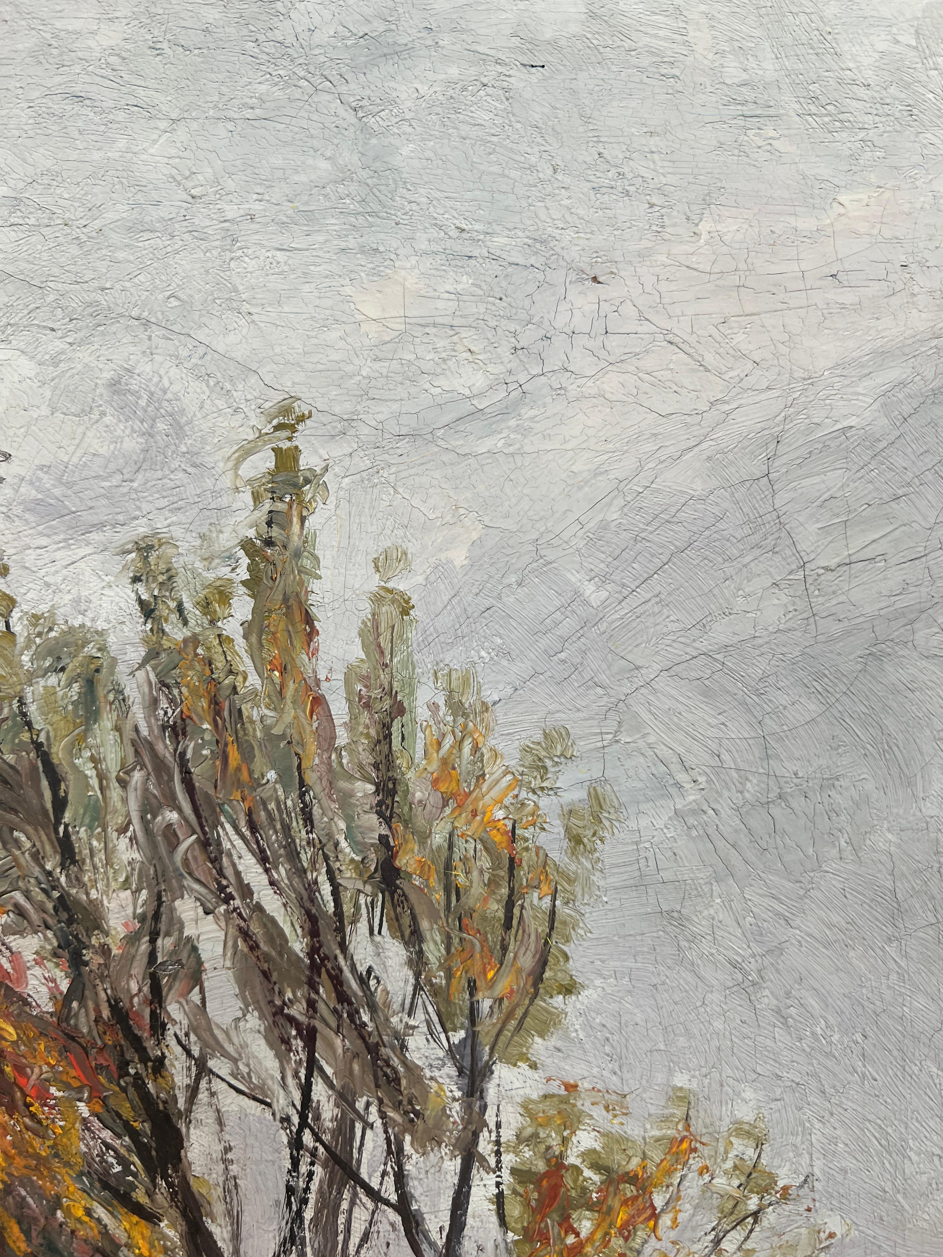 Obra sobre lienzo


Esta cautivadora obra, que representa un paisaje otoñal, es una demostración magistral de la maestría del artista en el juego de la luz y las texturas naturales. El centro de la composición está dominado por un altísimo árbol con