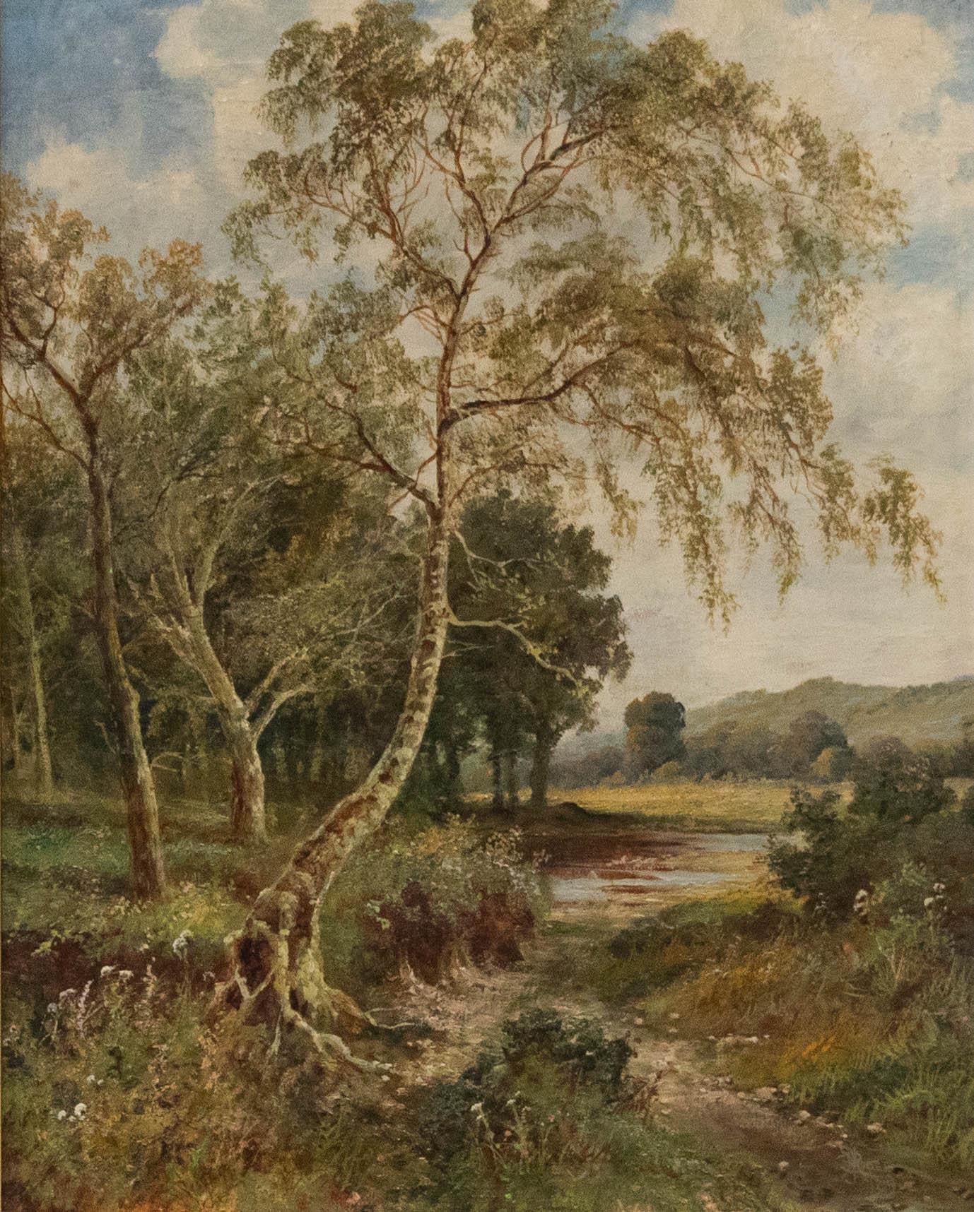 John Henry Boel (fl.1890-1915) - Gerahmtes Ölgemälde, Birkenbäume am Flusss, 1893, gerahmt 1