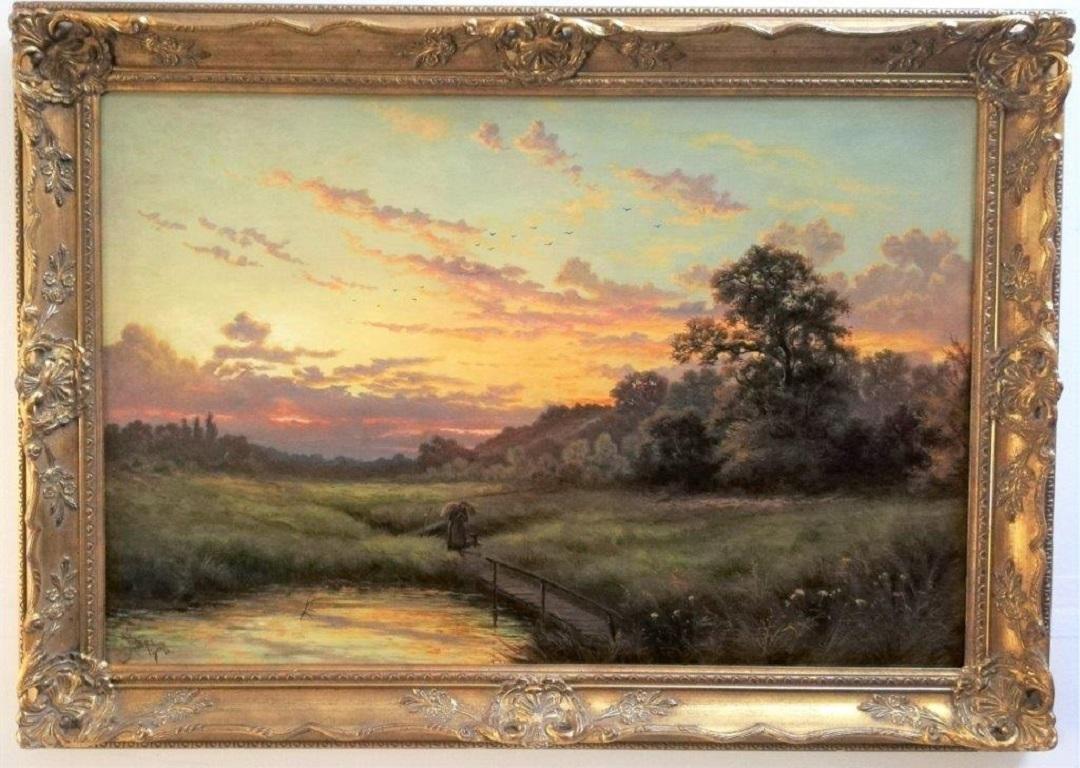 River Landscape, Summer evening sunset, original oil on canvas - Painting by John Henry Boel