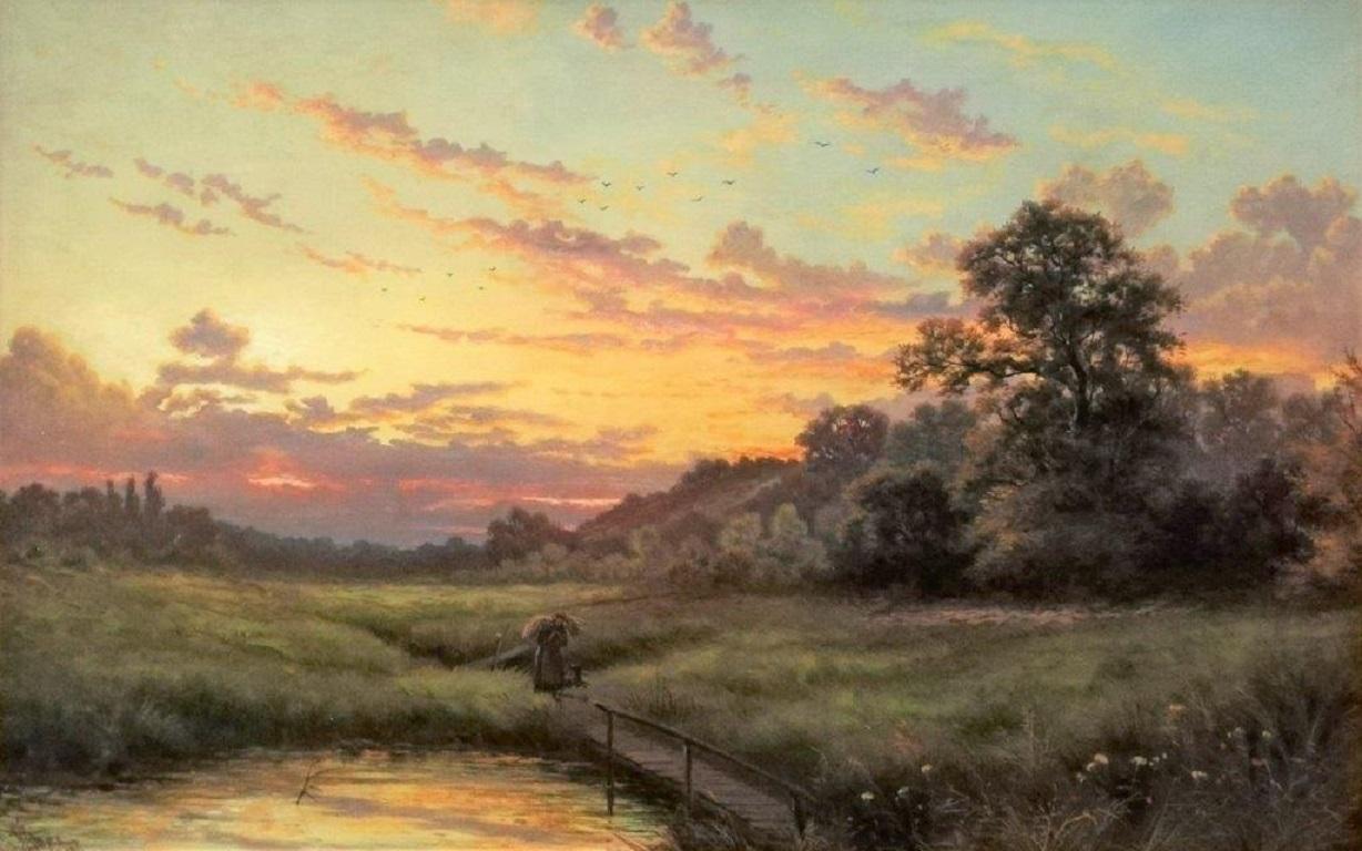 River Landscape, Summer evening sunset, original oil on canvas