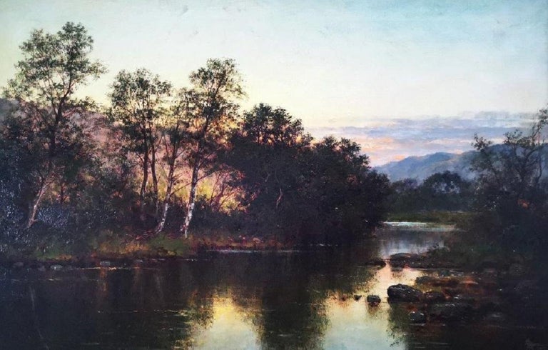 John Henry Boel Landscape Painting - Scottish Evening River Landscape, original oil on canvas