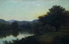Sunset Over A Scottish River Landscape, original oil on canvas, antique frame