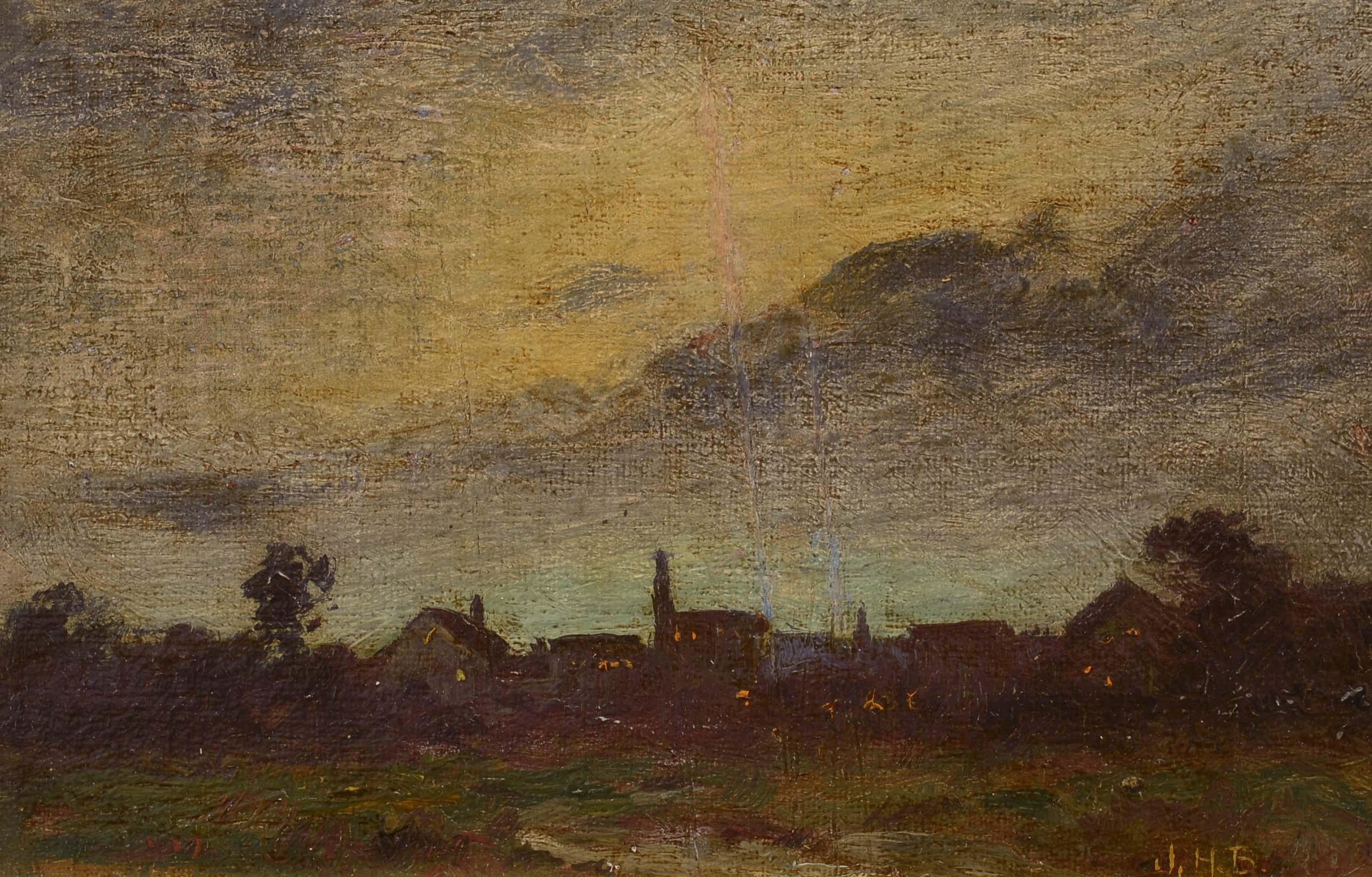 John Henry Boston Landscape Painting - Village at Night, Joseph Henry Boston, Impressionist