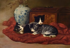 Kittens at Play, 19th Century Oil, Cats, Animals, Interior