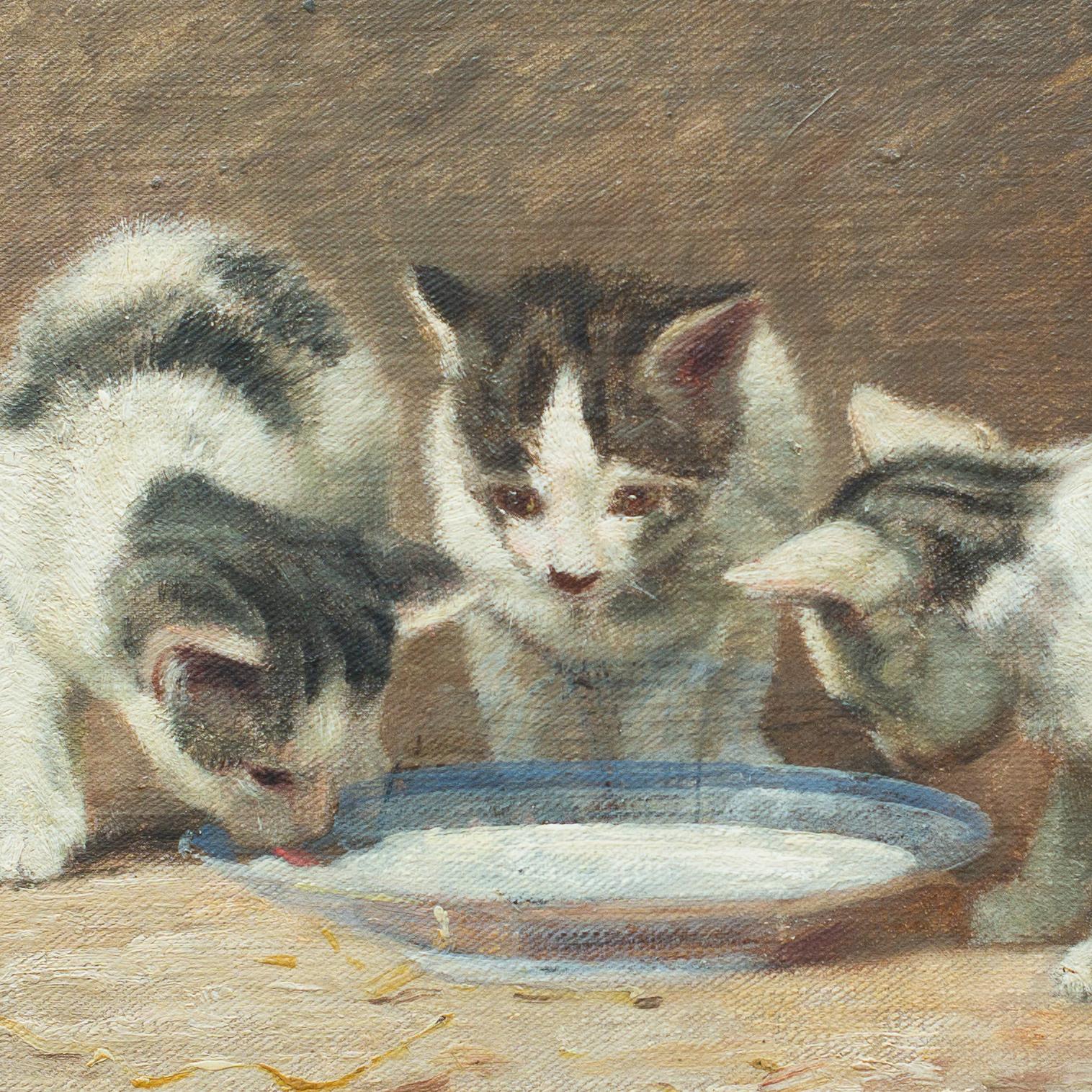 Kittens Drinking Milk by American Artist John Henry Dolph, 19th-Century, Signed 1
