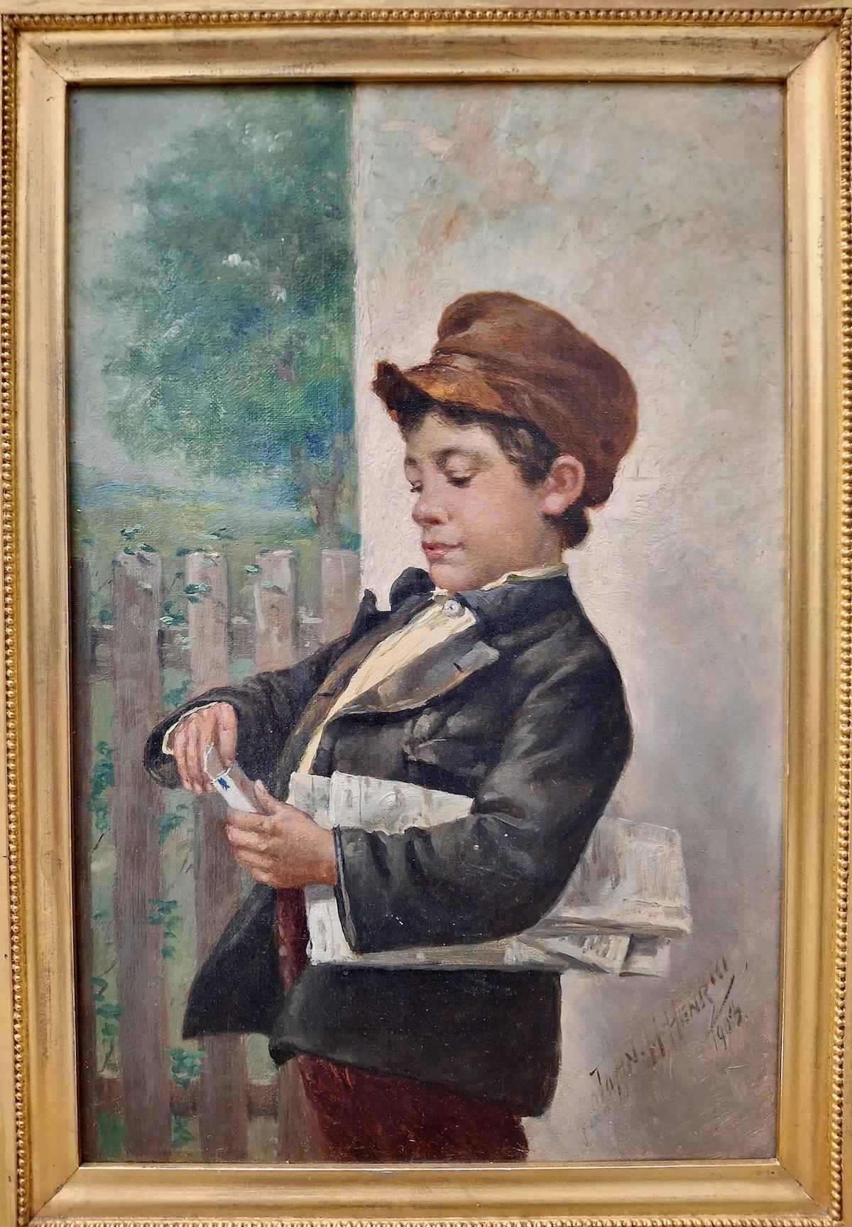 “The Newspaper Boy” - Painting by John Henry Henrici